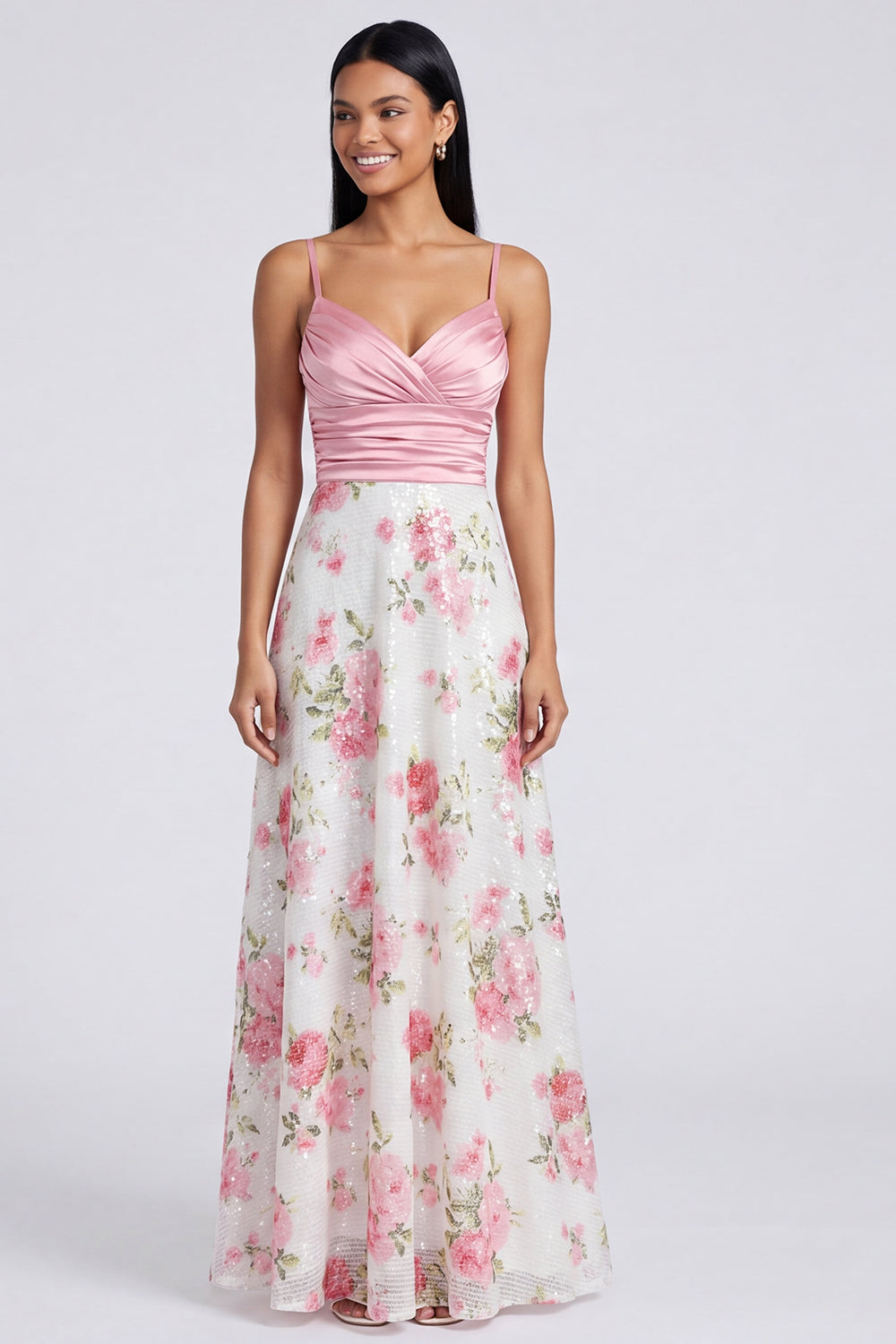 Light Pink Spaghetti Straps Floral Sequins Ruched A Line Long Formal Dress