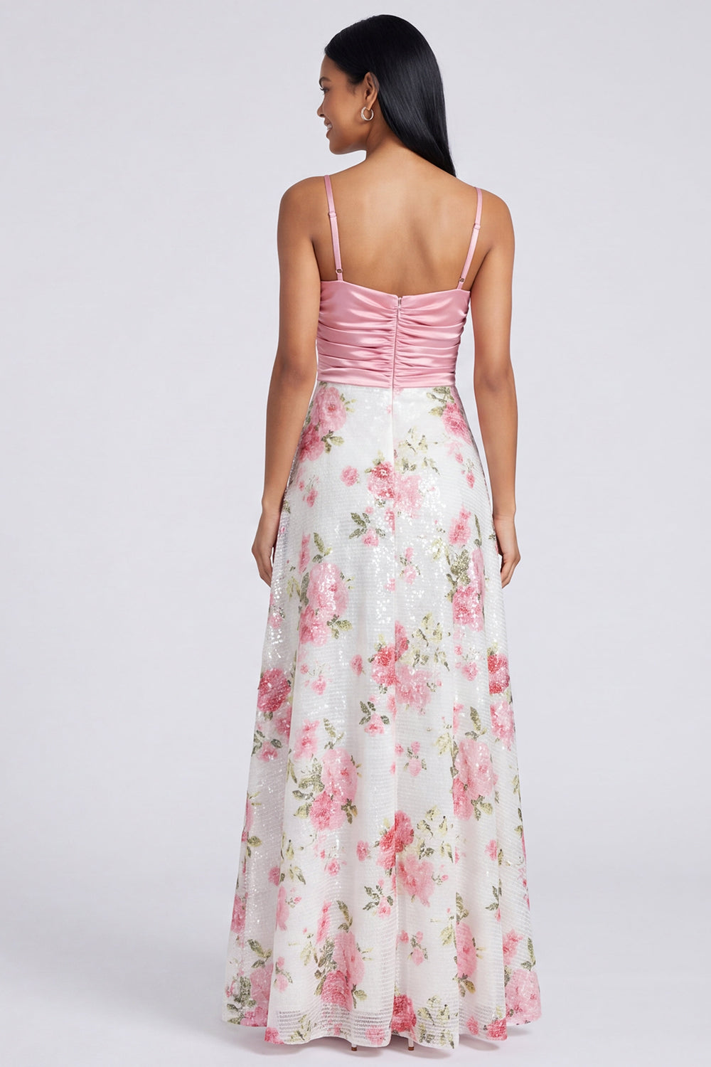 Light Pink Spaghetti Straps Floral Sequins Ruched A Line Long Formal Dress