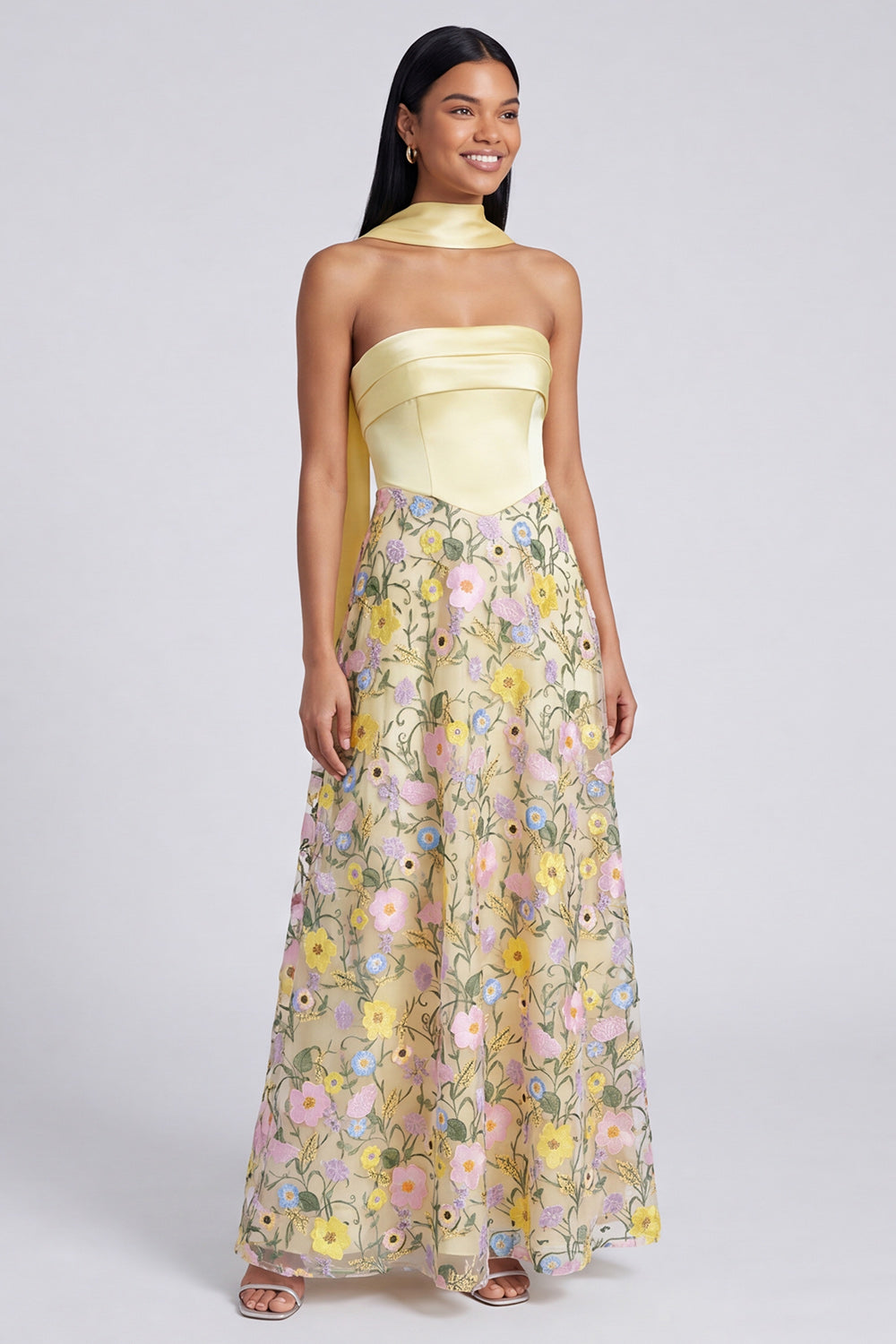 Butter Yellow Strapless Floral A Line Embroidered Long Formal Dress