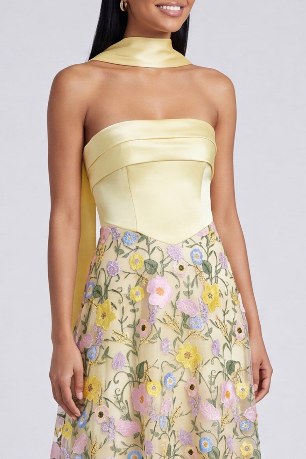 Butter Yellow Strapless Floral A Line Embroidered Long Formal Dress