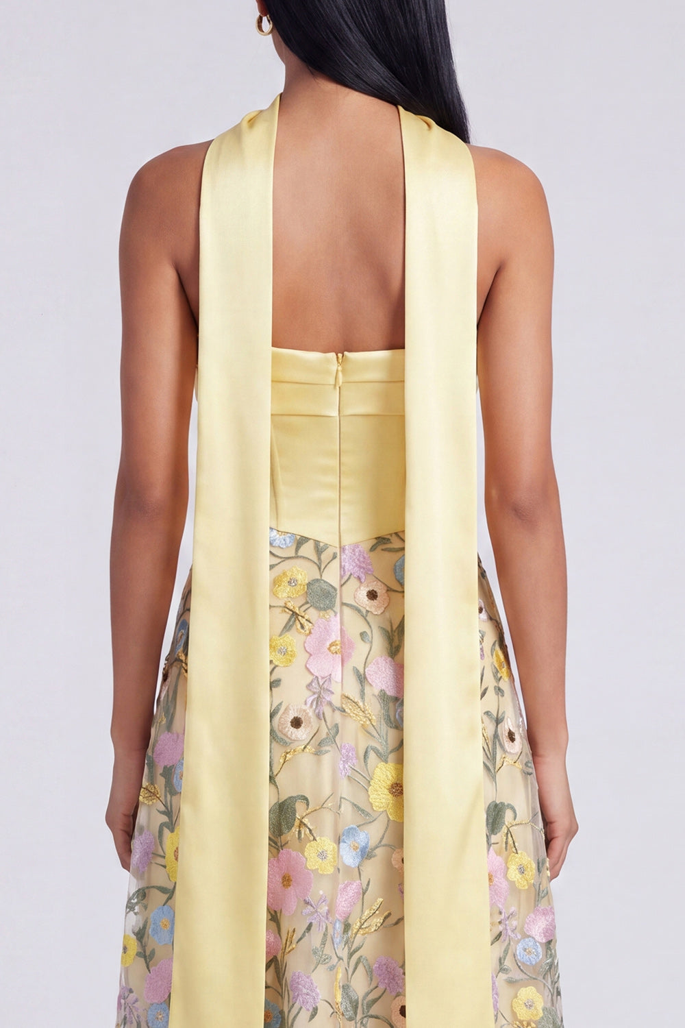Butter Yellow Strapless Floral A Line Embroidered Long Formal Dress