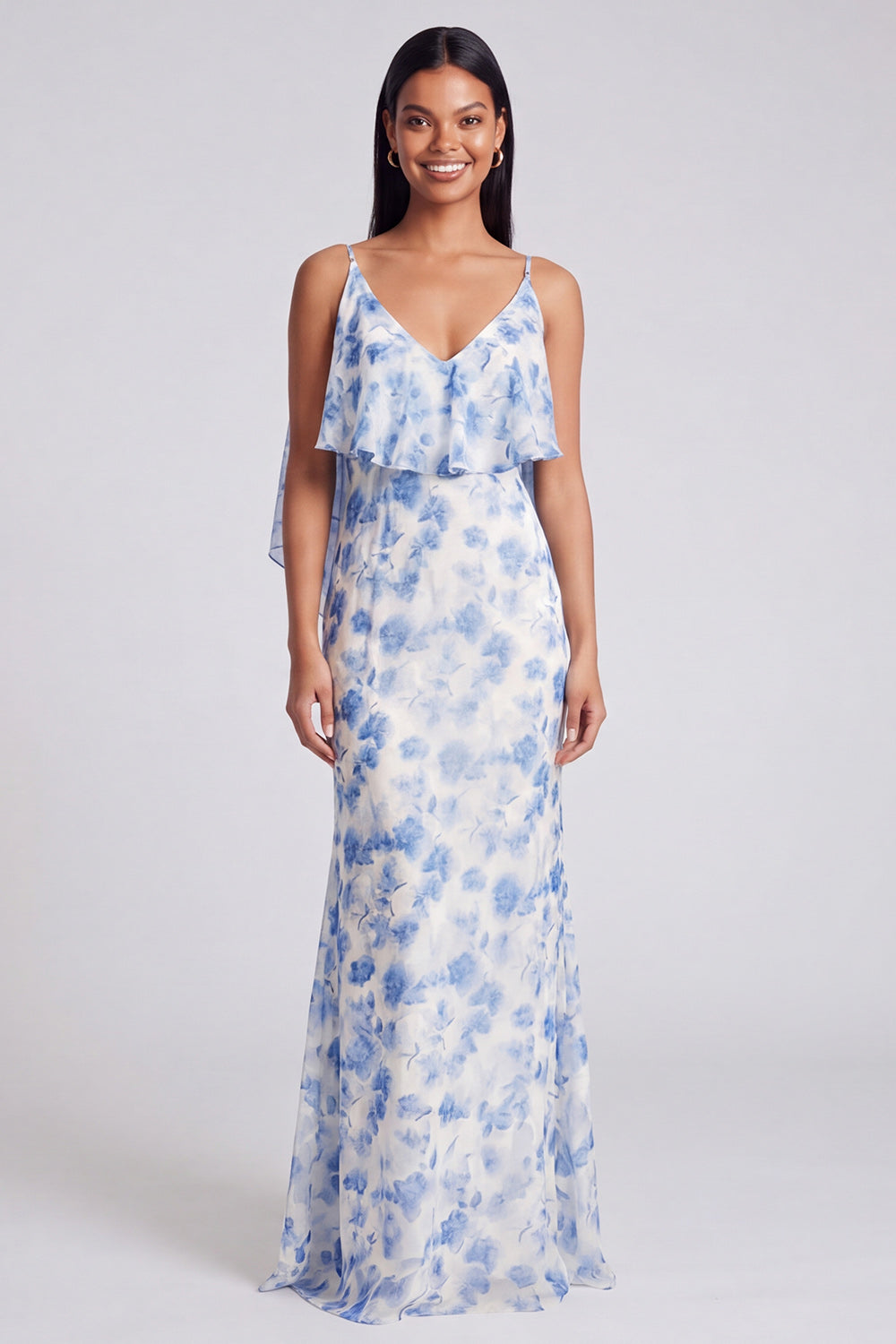 Light Green Floral Mermaid V-Neck Long Formal Dress with Ruffles