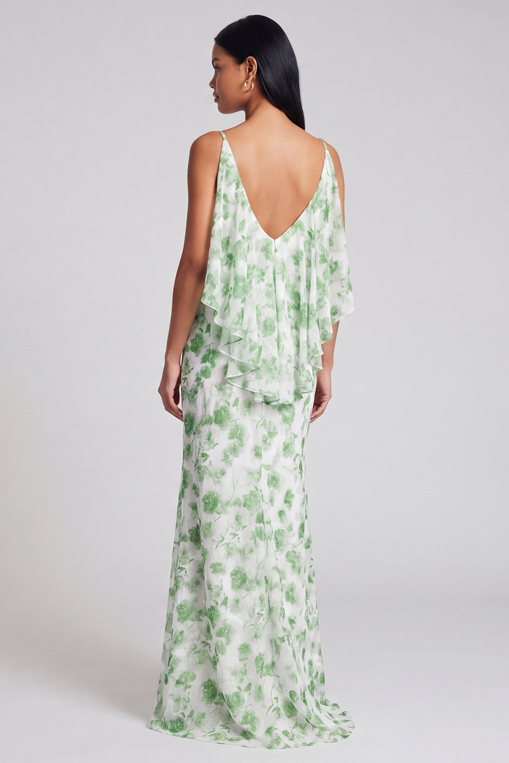 Light Green Floral Mermaid V-Neck Long Formal Dress with Ruffles