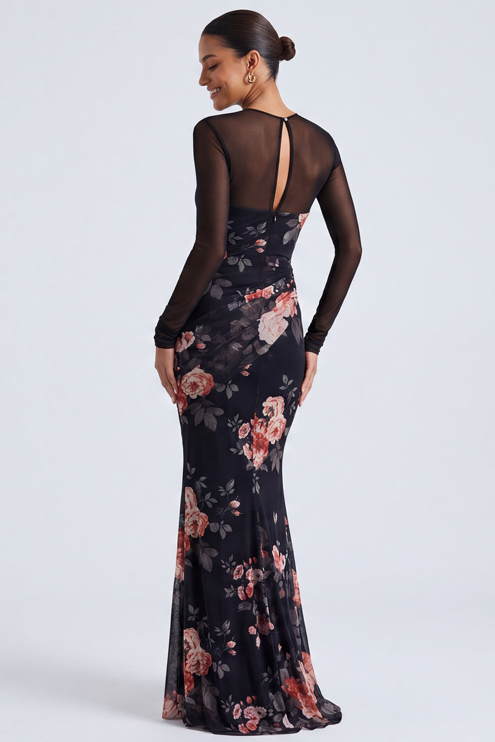 Black Mermaid Round Neck Floral Ruched Long Sleeves Formal Dress