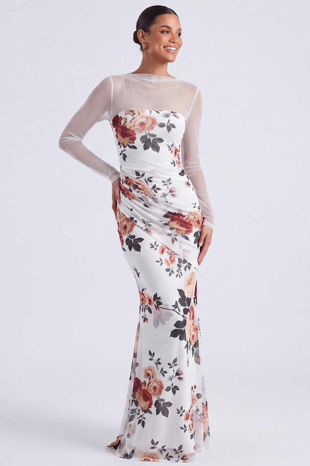 Black Mermaid Round Neck Floral Ruched Long Sleeves Formal Dress
