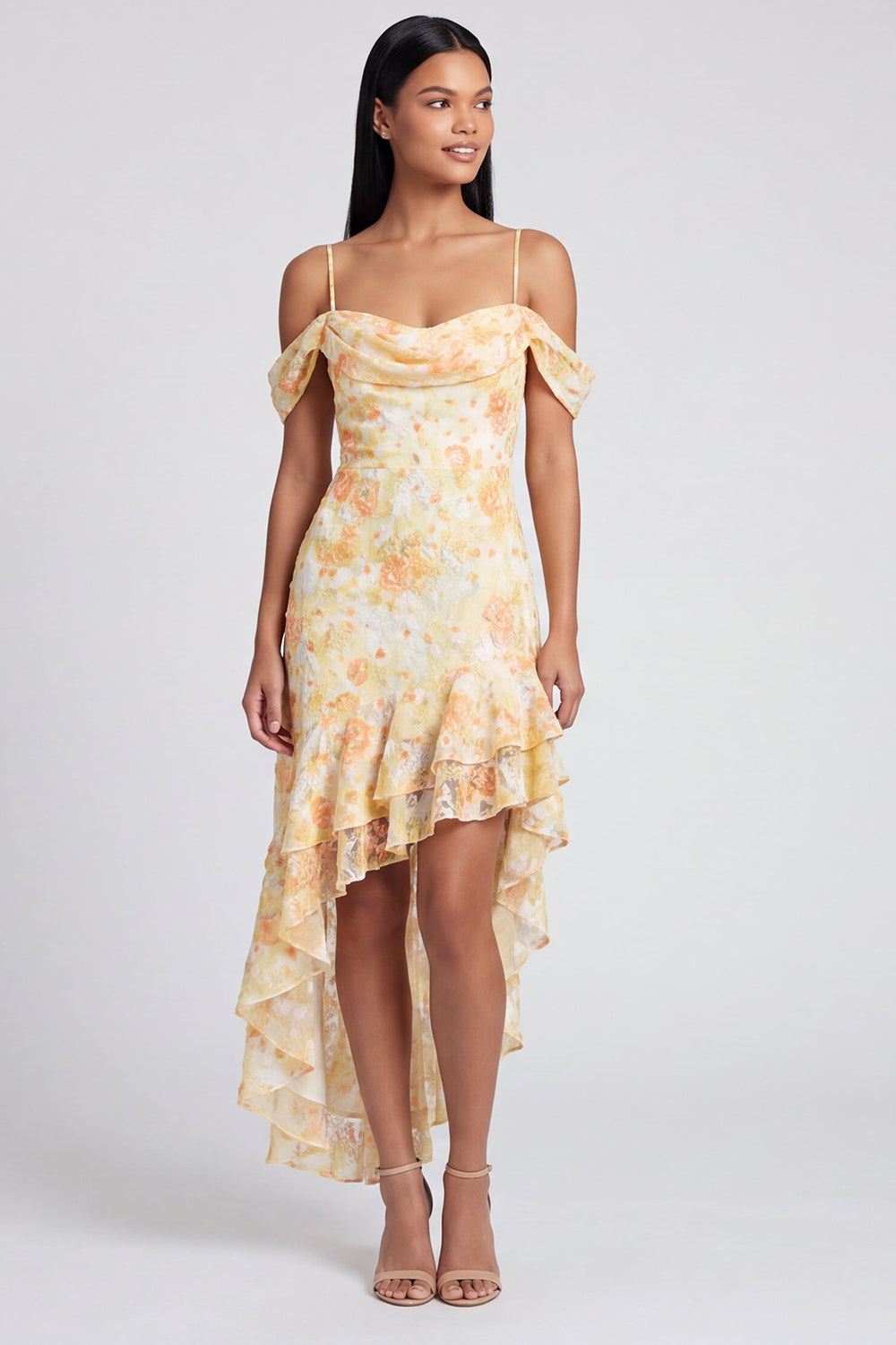 Butter Yellow Cold Shoulder Mermaid Floral High Low Formal Dress with Ruffles