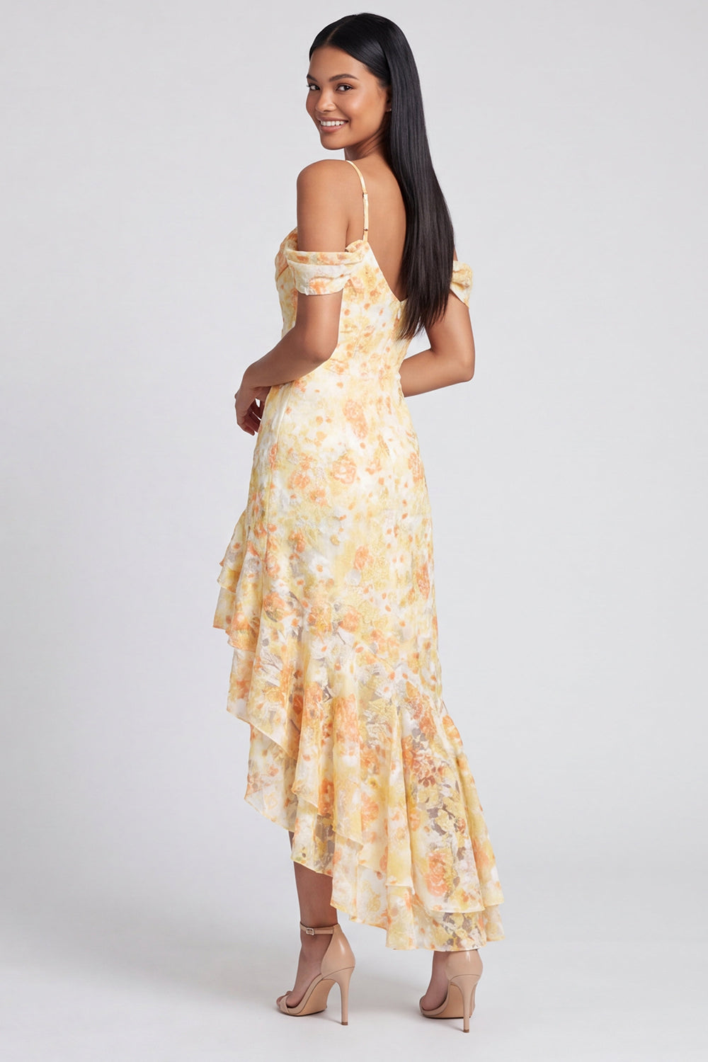 Butter Yellow Cold Shoulder Mermaid Floral High Low Formal Dress with Ruffles