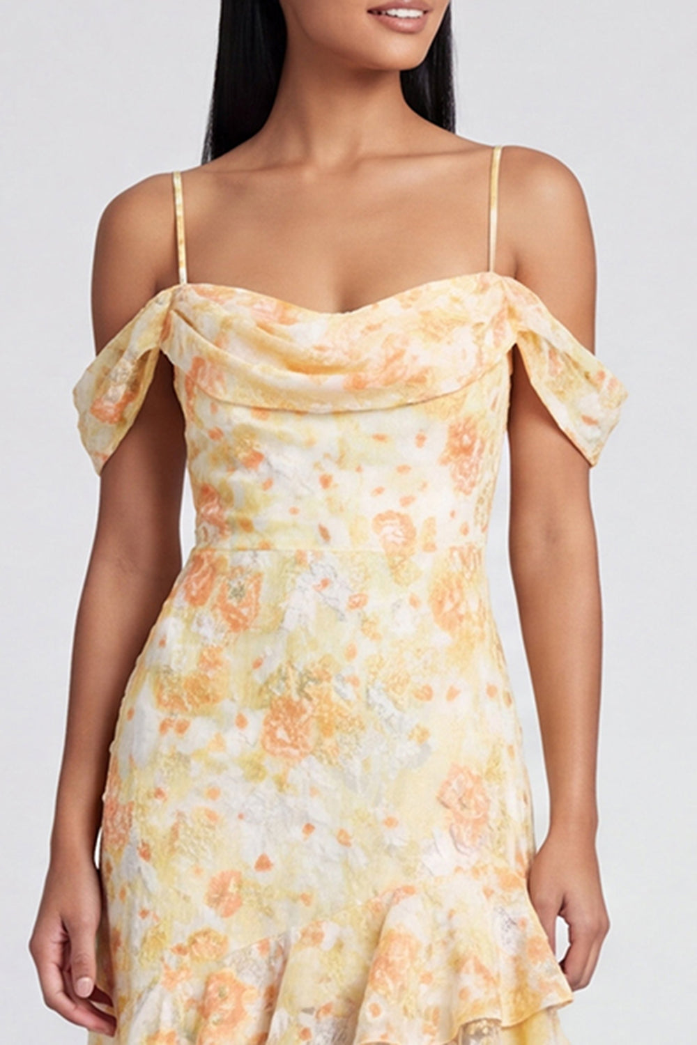 Butter Yellow Cold Shoulder Mermaid Floral High Low Formal Dress with Ruffles