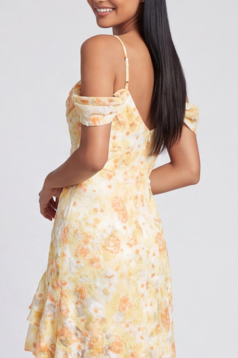 Butter Yellow Cold Shoulder Mermaid Floral High Low Formal Dress with Ruffles