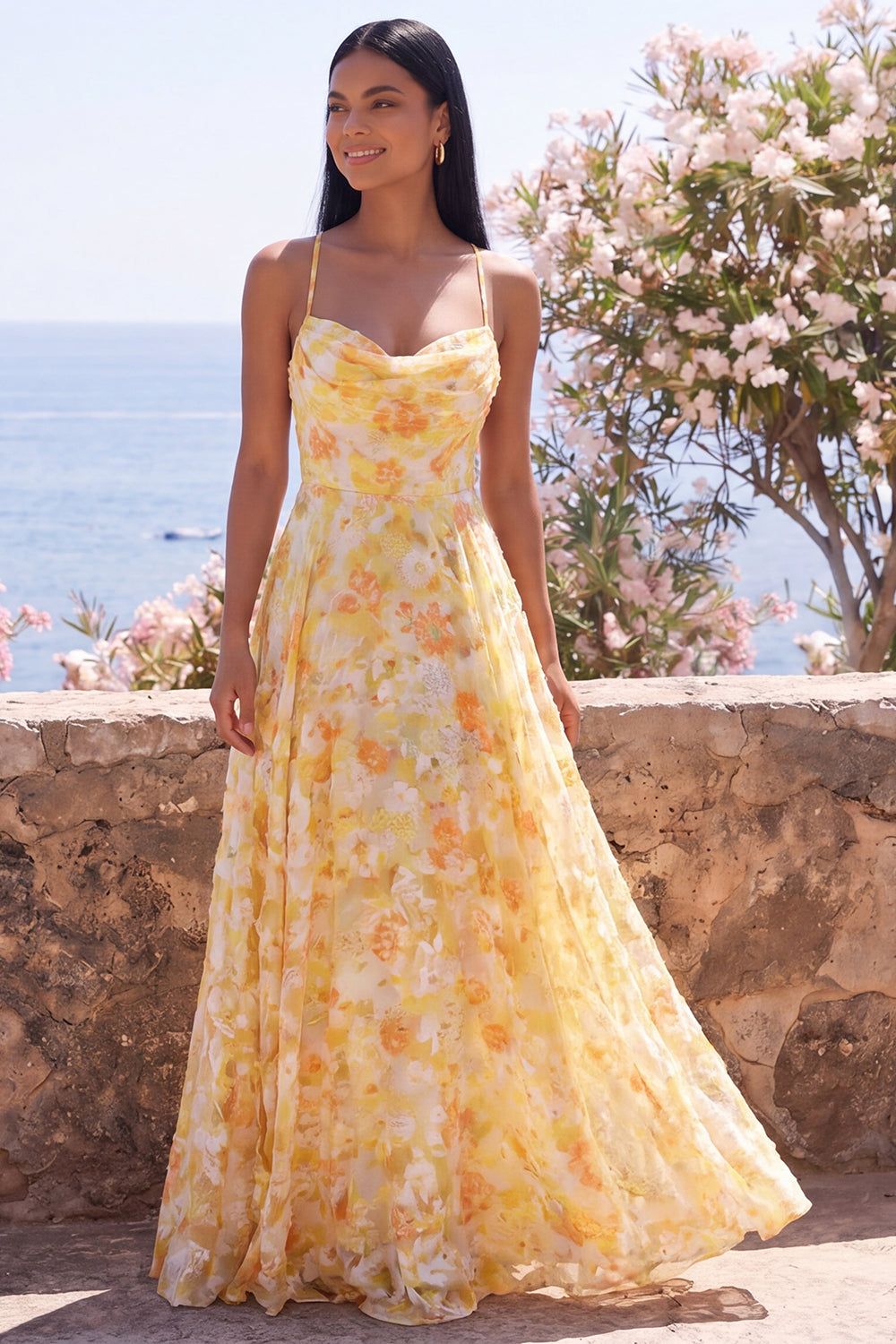 Butter Yellow Floral Cowl Neck A Line Long Formal Dress