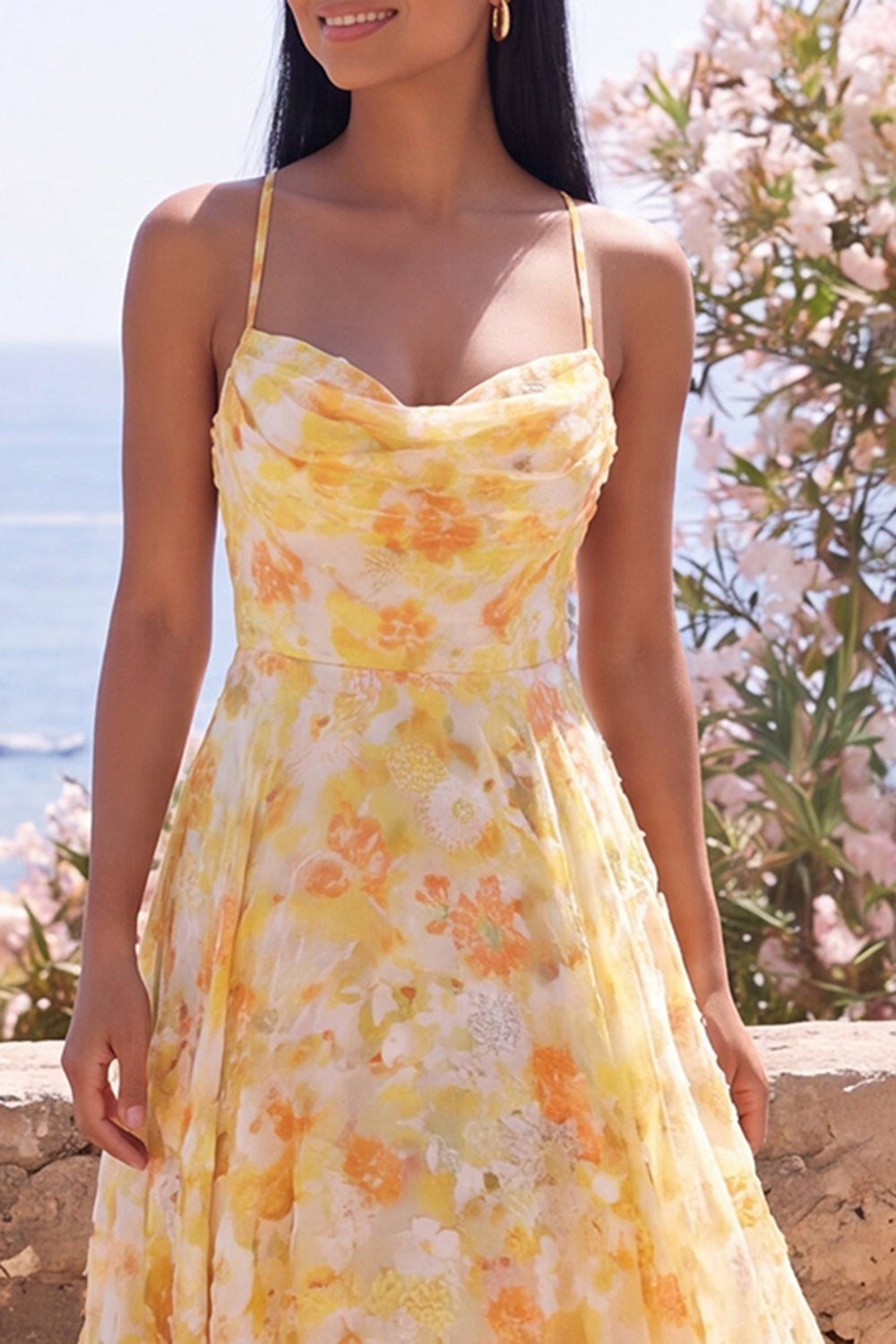 Butter Yellow Floral Cowl Neck A Line Long Formal Dress