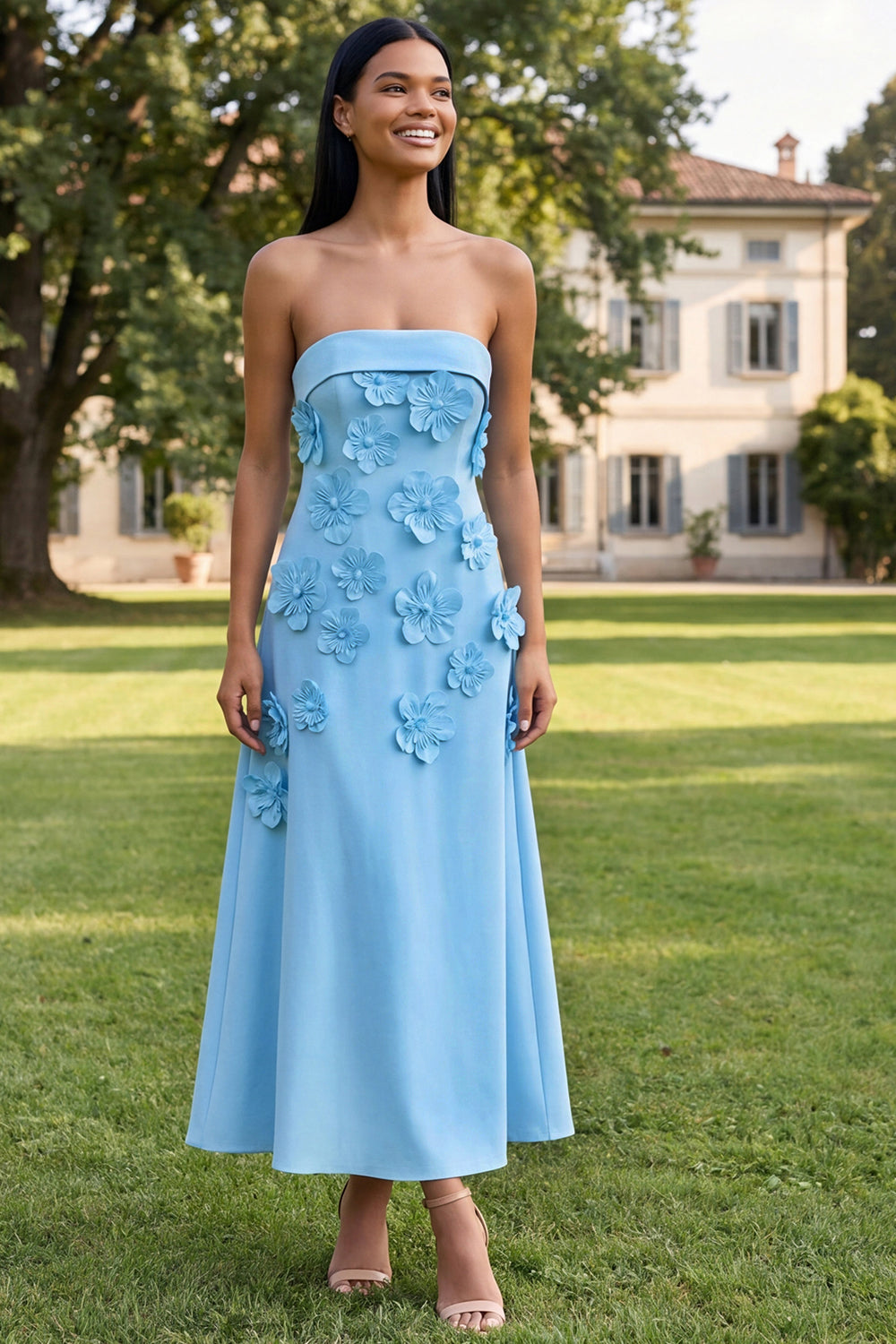 Yellow A Line Floral Strapless Maxi Formal Dress