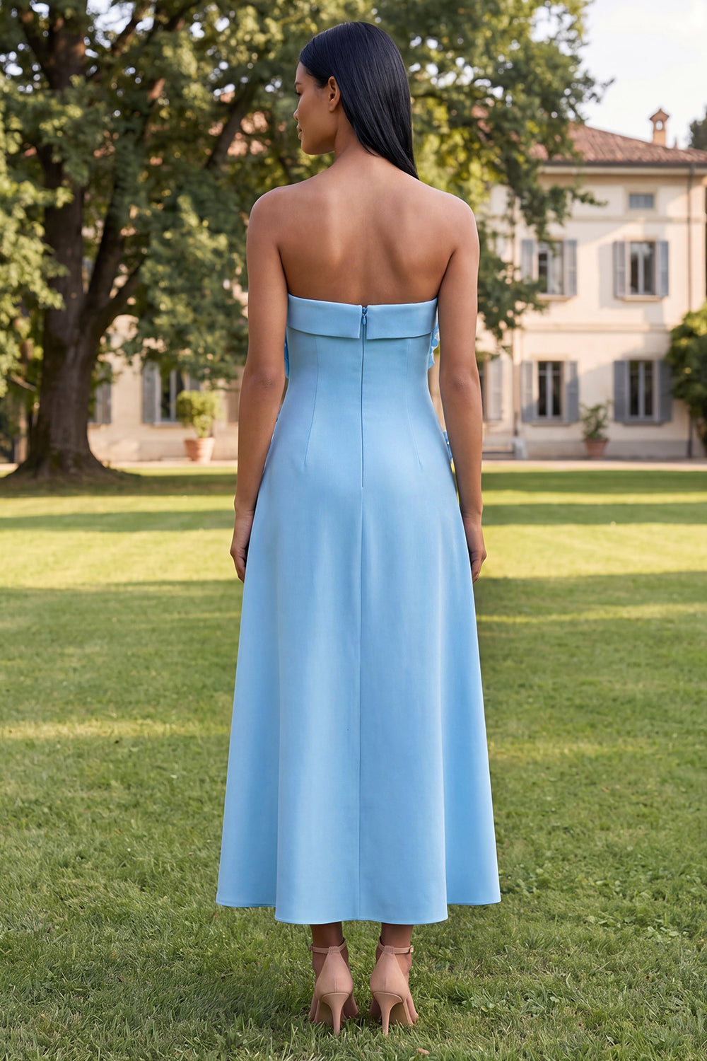 Yellow A Line Floral Strapless Maxi Formal Dress