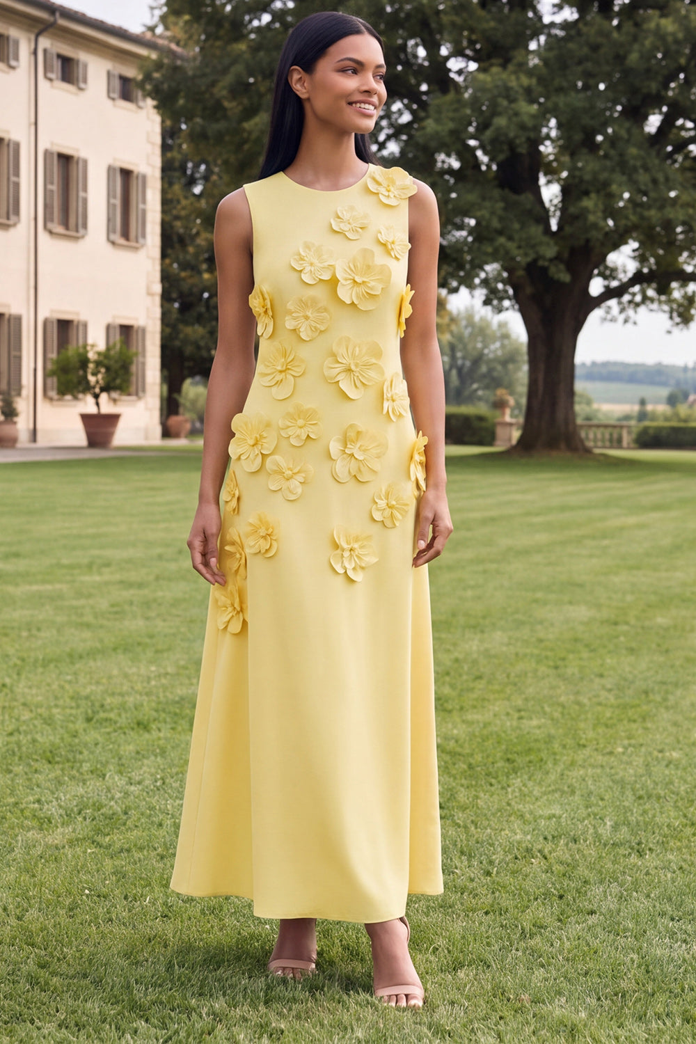 A Line Round Neck Yellow Floral Maxi Formal Dress