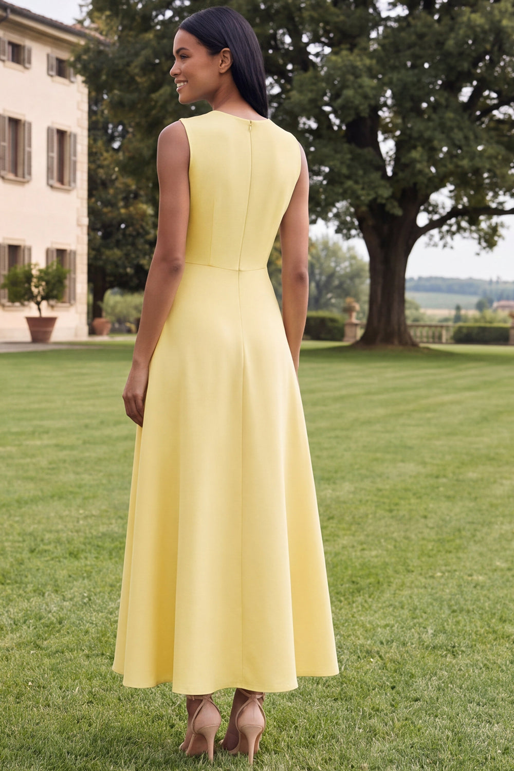 A Line Round Neck Yellow Floral Maxi Formal Dress