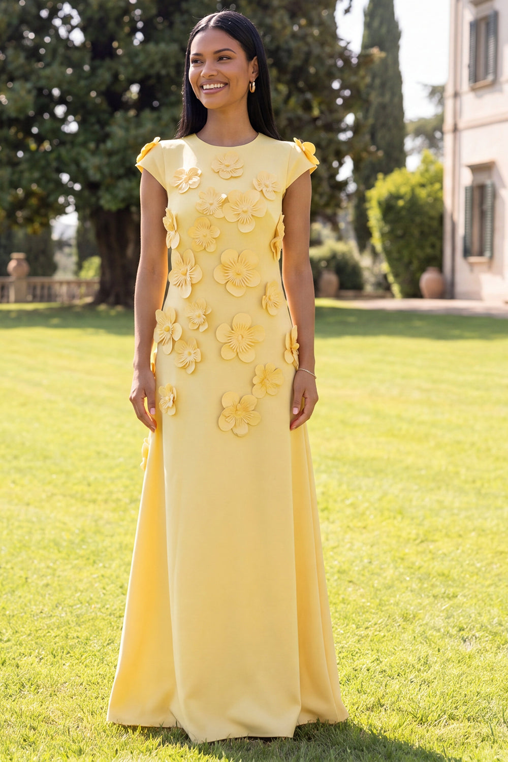 Navy A Line Floral Round Neck Long Formal Dress with Sleeves