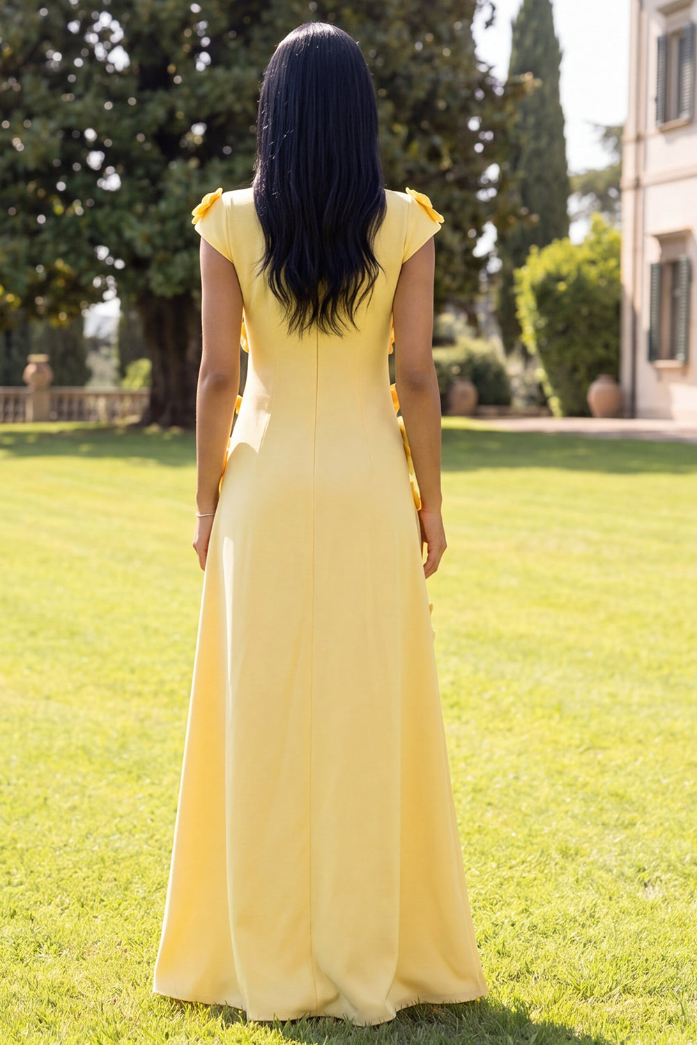 Navy A Line Floral Round Neck Long Formal Dress with Sleeves