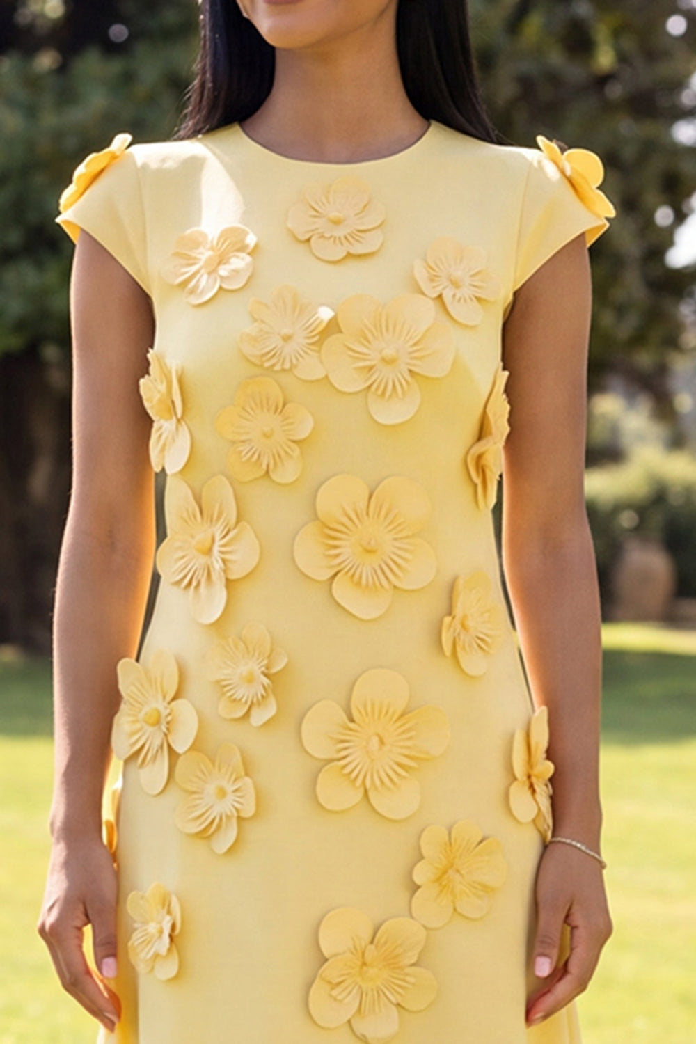 Navy A Line Floral Round Neck Long Formal Dress with Sleeves