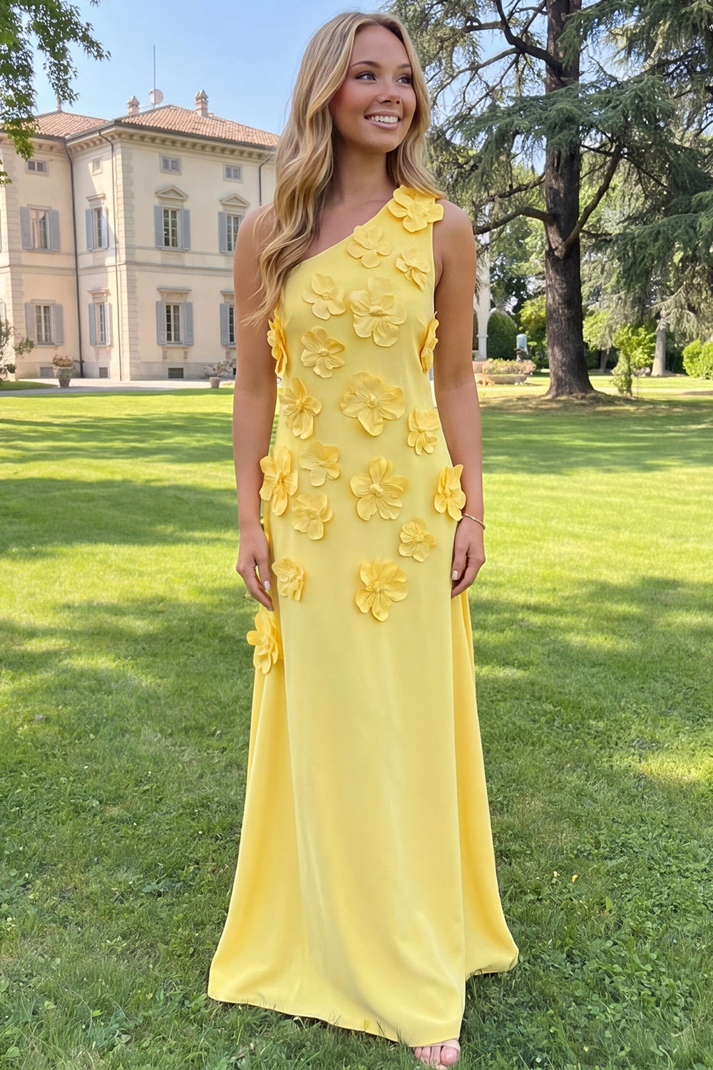 Floral Yellow Sheath One Shoulder Maxi Formal Dress