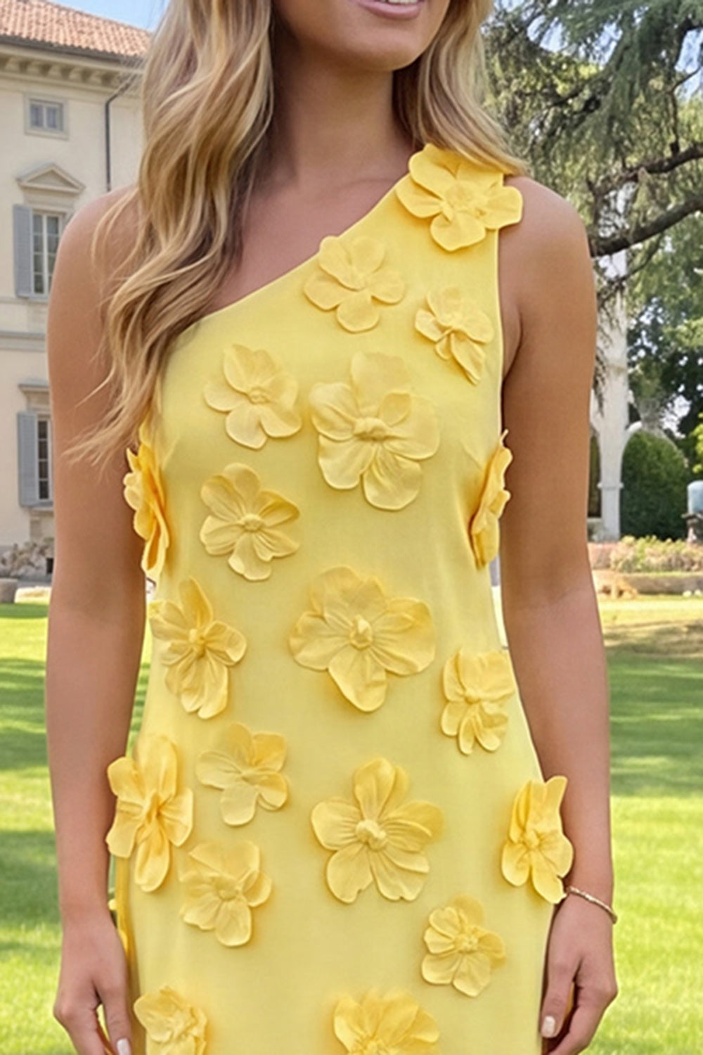 Floral Yellow Sheath One Shoulder Maxi Formal Dress