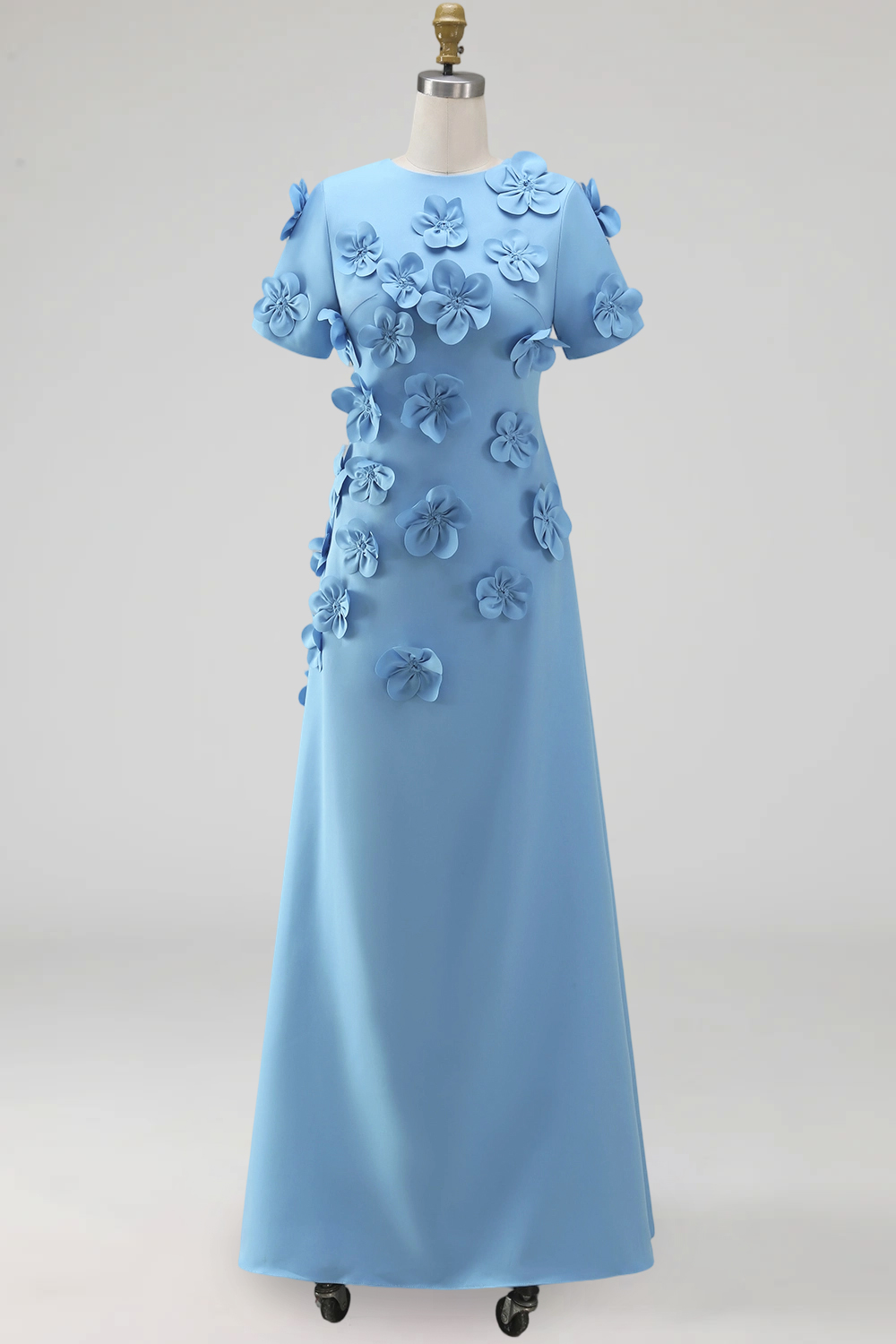Floral Round Neck Blue A Line Long Formal Dress with Sleeves