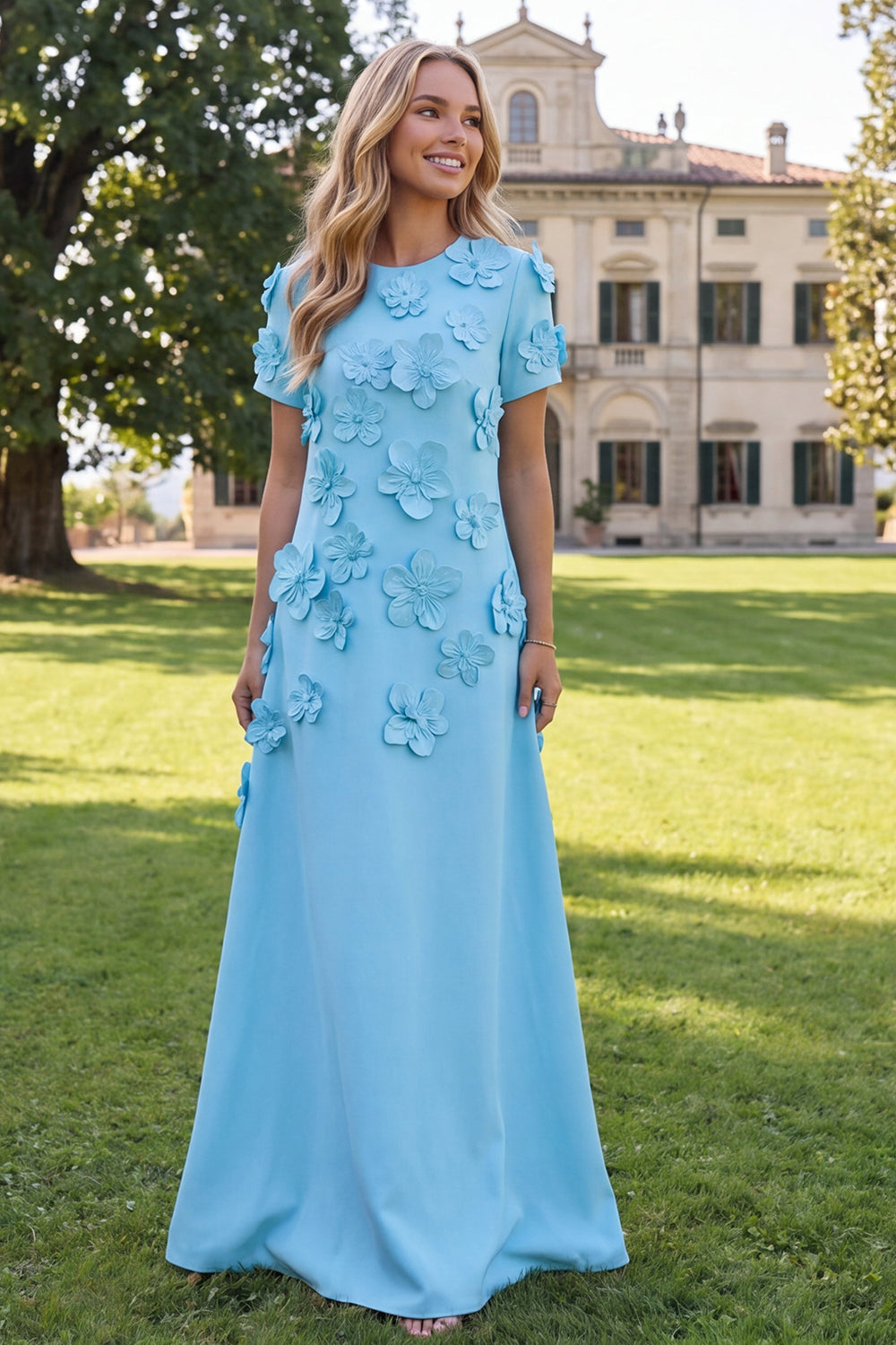 Floral Round Neck Blue A Line Long Formal Dress with Sleeves