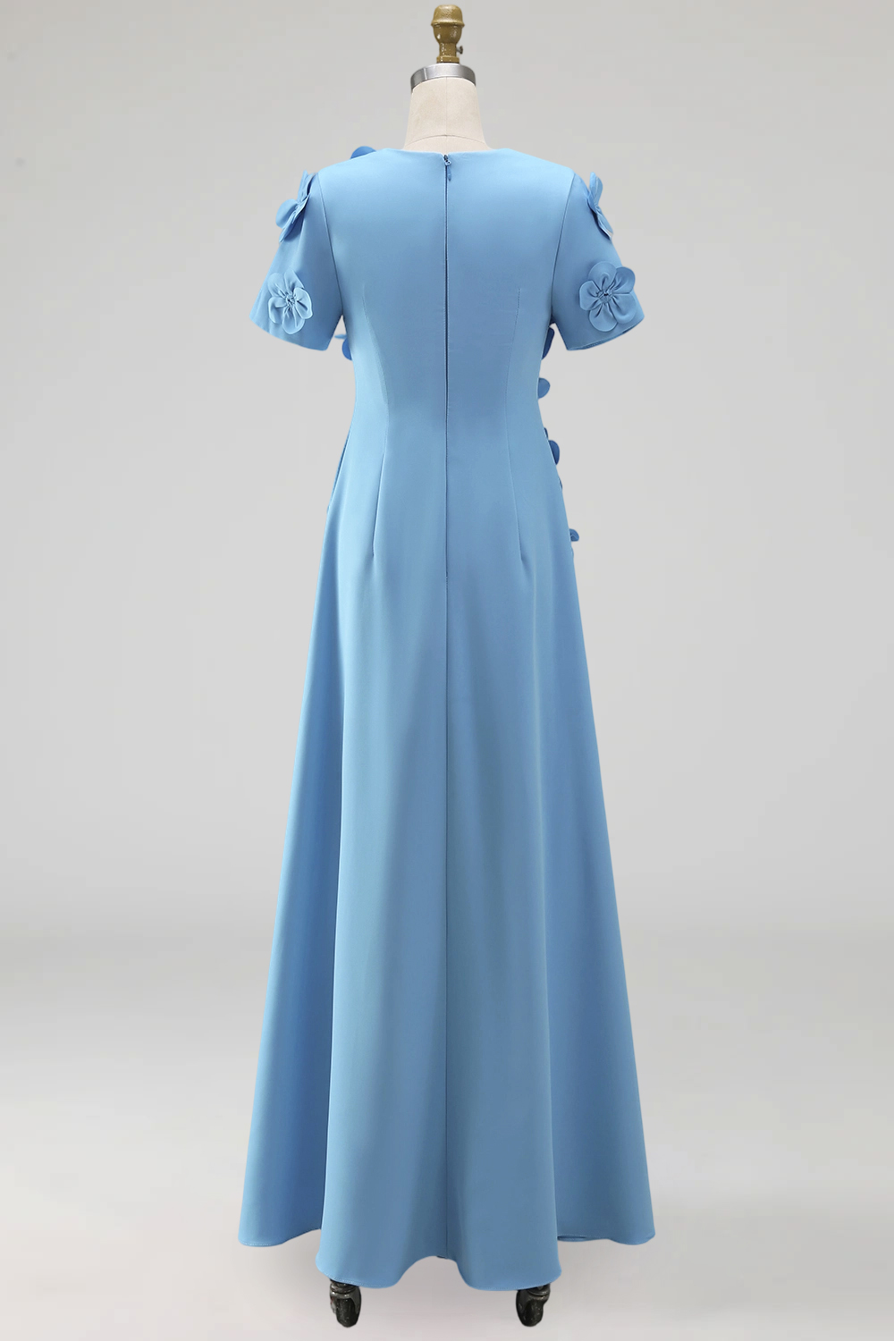 Floral Round Neck Blue A Line Long Formal Dress with Sleeves