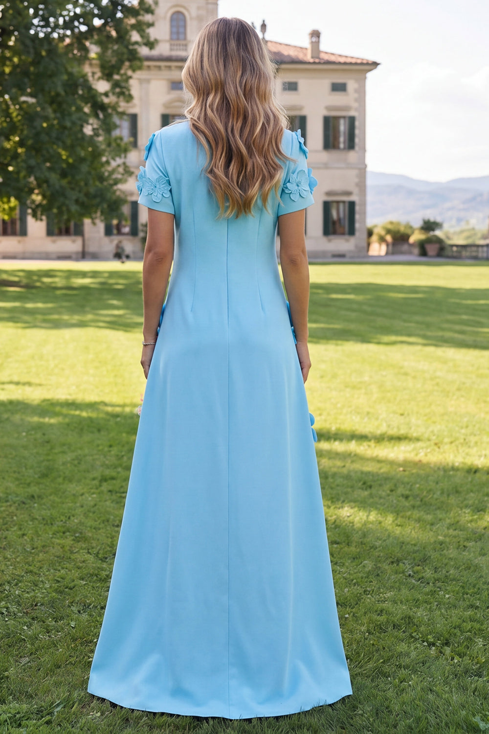 Floral Round Neck Blue A Line Long Formal Dress with Sleeves