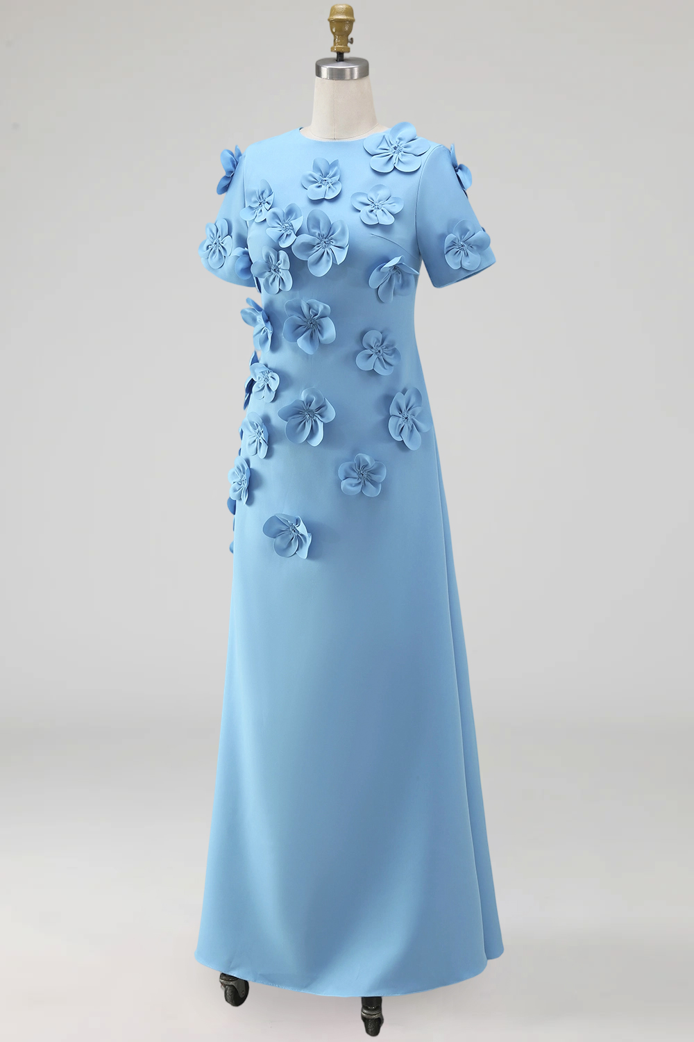 Floral Round Neck Blue A Line Long Formal Dress with Sleeves