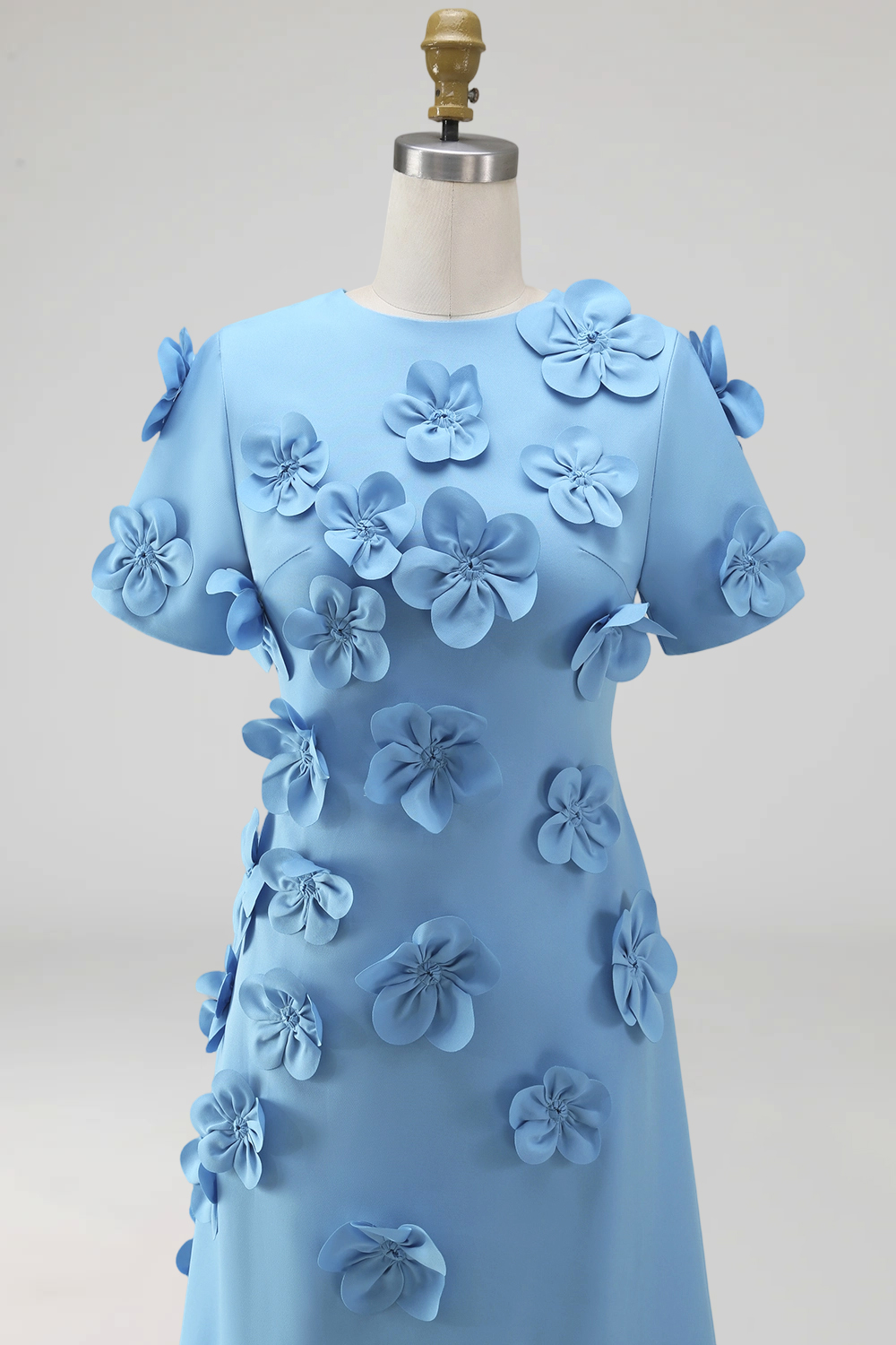 Floral Round Neck Blue A Line Long Formal Dress with Sleeves