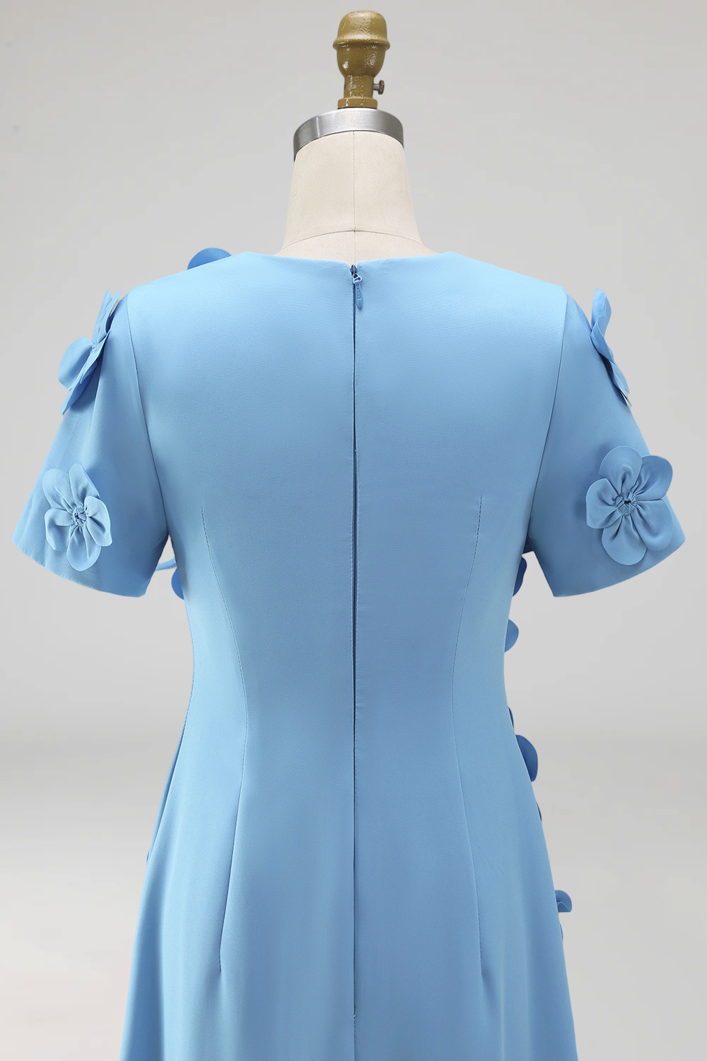 Floral Round Neck Blue A Line Long Formal Dress with Sleeves