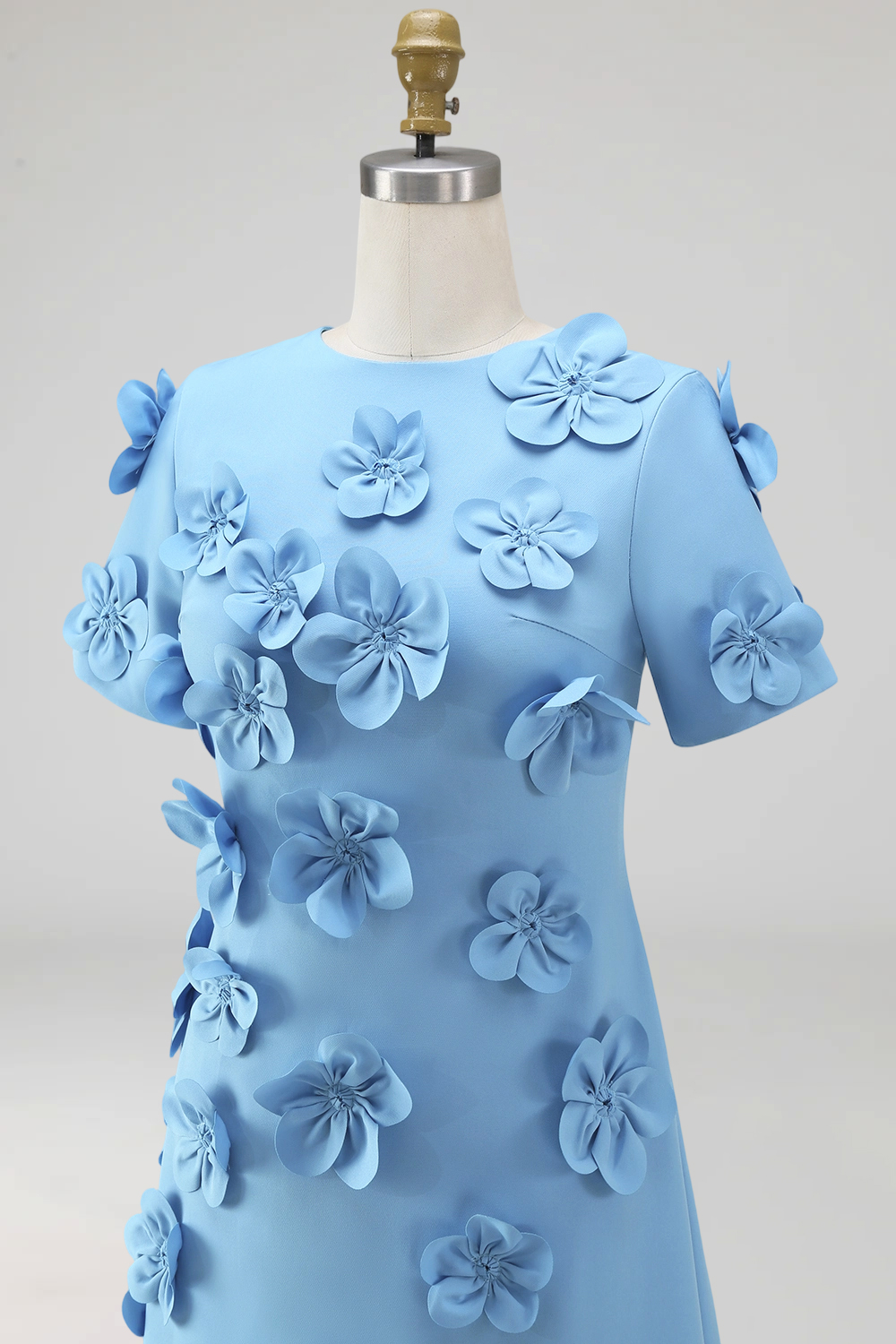 Floral Round Neck Blue A Line Long Formal Dress with Sleeves