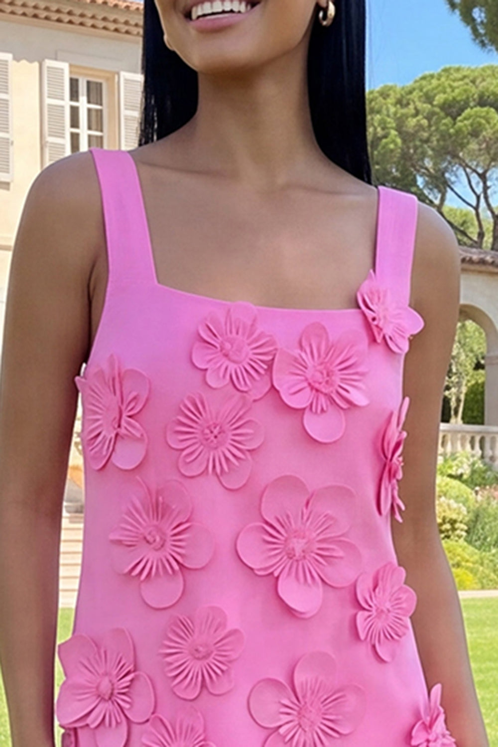 A Line Hot Pink Square Neck Floral Maxi Formal Dress
