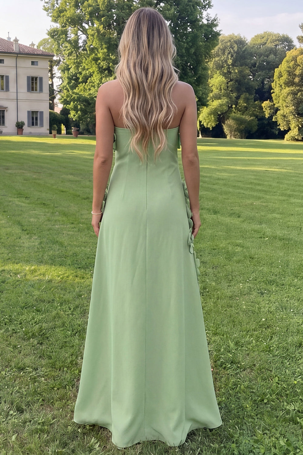 Blue Floral A Line Strapless Long Formal Dress