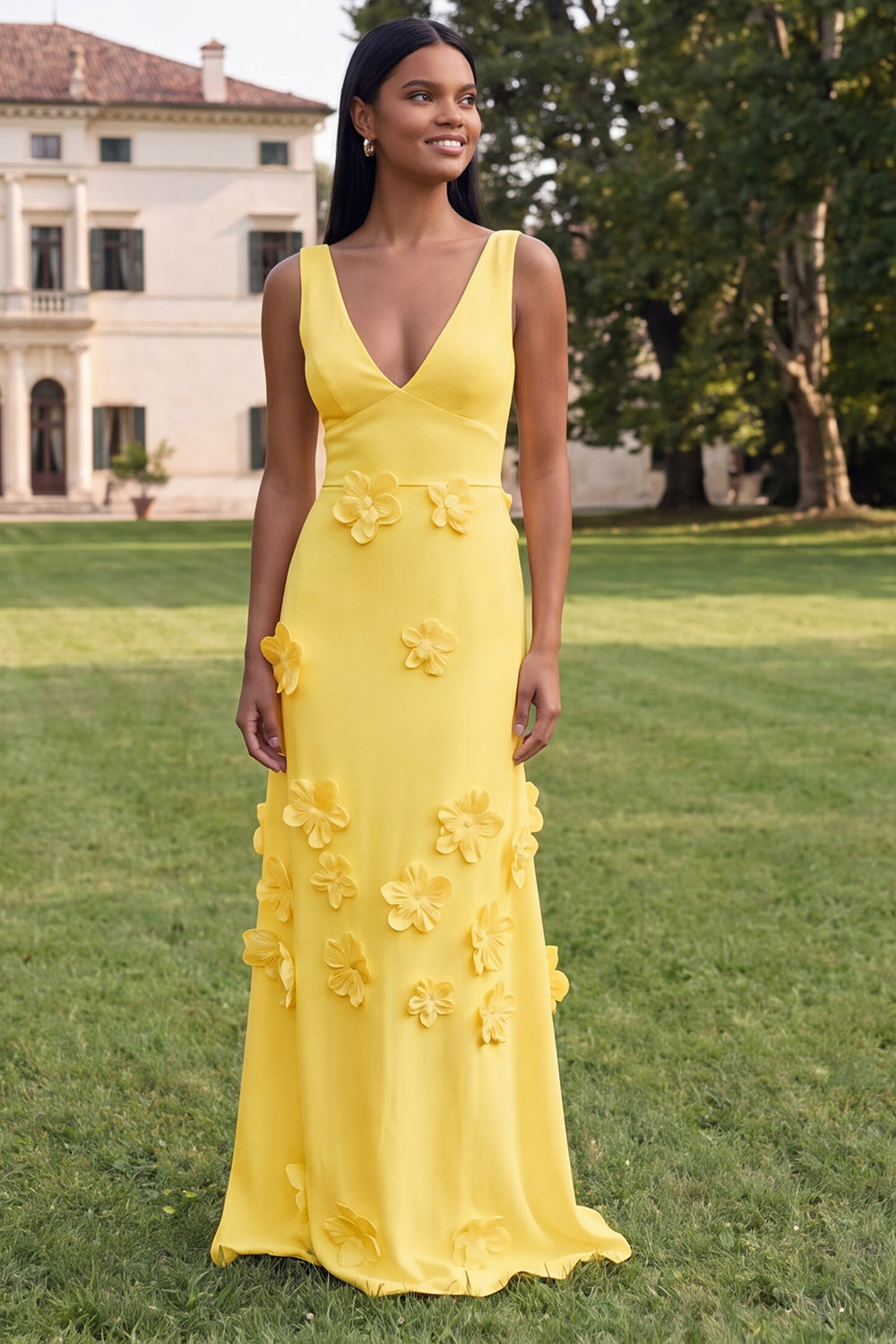 Floral Butter Yellow Sheath V-Neck Long Formal Dress