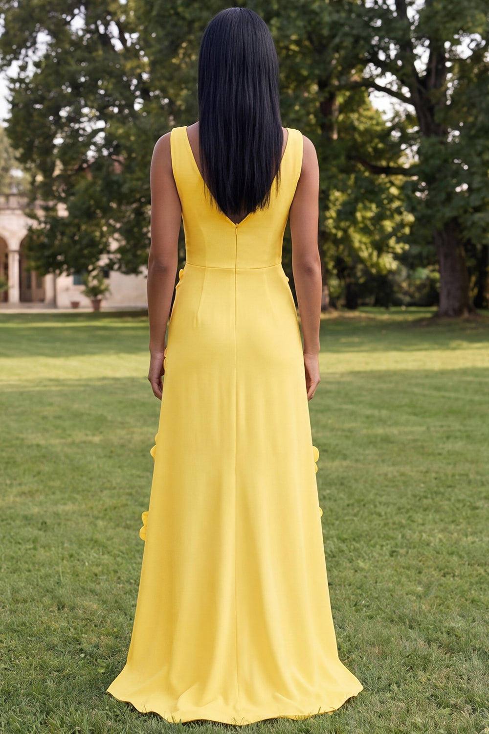 Floral Butter Yellow Sheath V-Neck Long Formal Dress