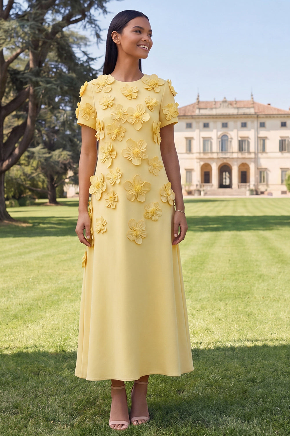 Dark Green Floral A Line Round Neck Long Formal Dress with Sleeves