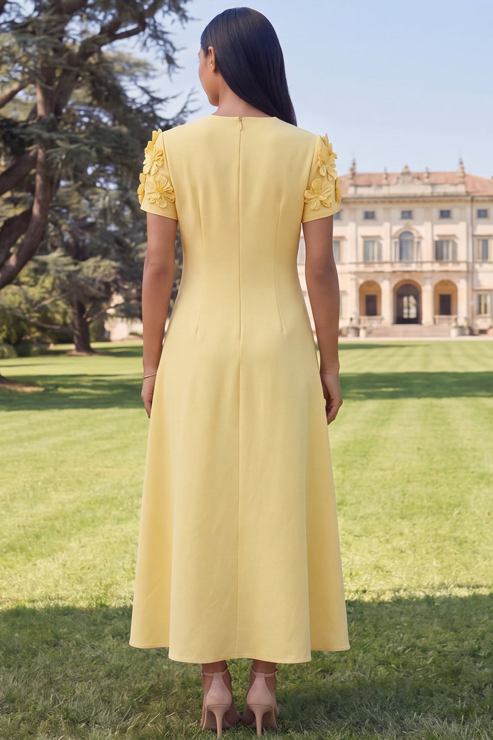 Dark Green Floral A Line Round Neck Long Formal Dress with Sleeves