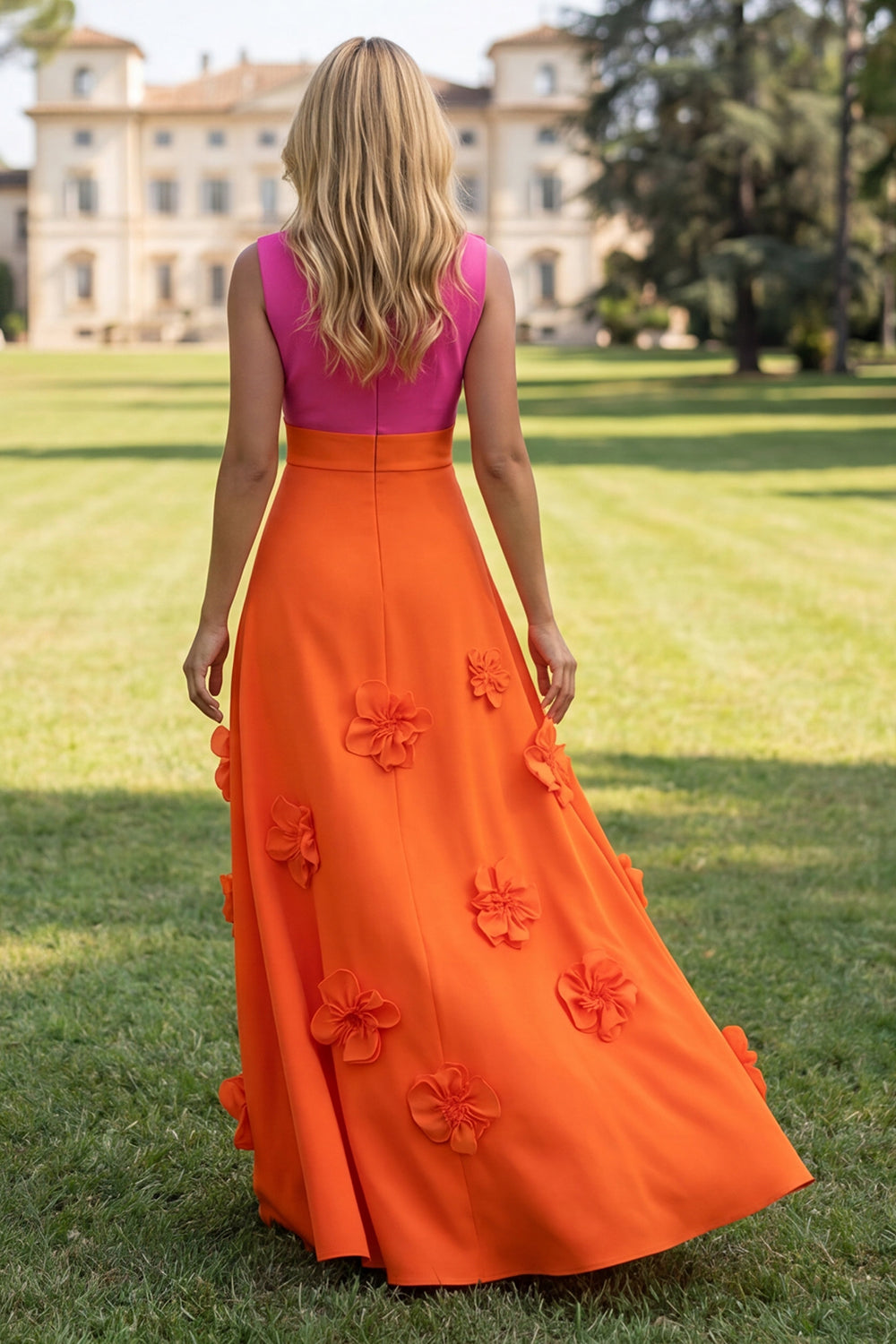Fuchsia and Orange V-Neck Floral Long A Line Color Block Formal Dress