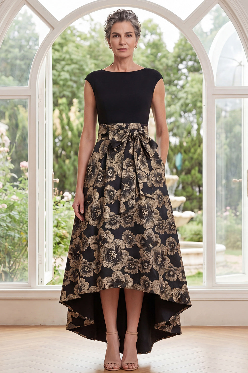 Boat Neck Floral Black A Line Long Mother of the Bride Dress with Pockets