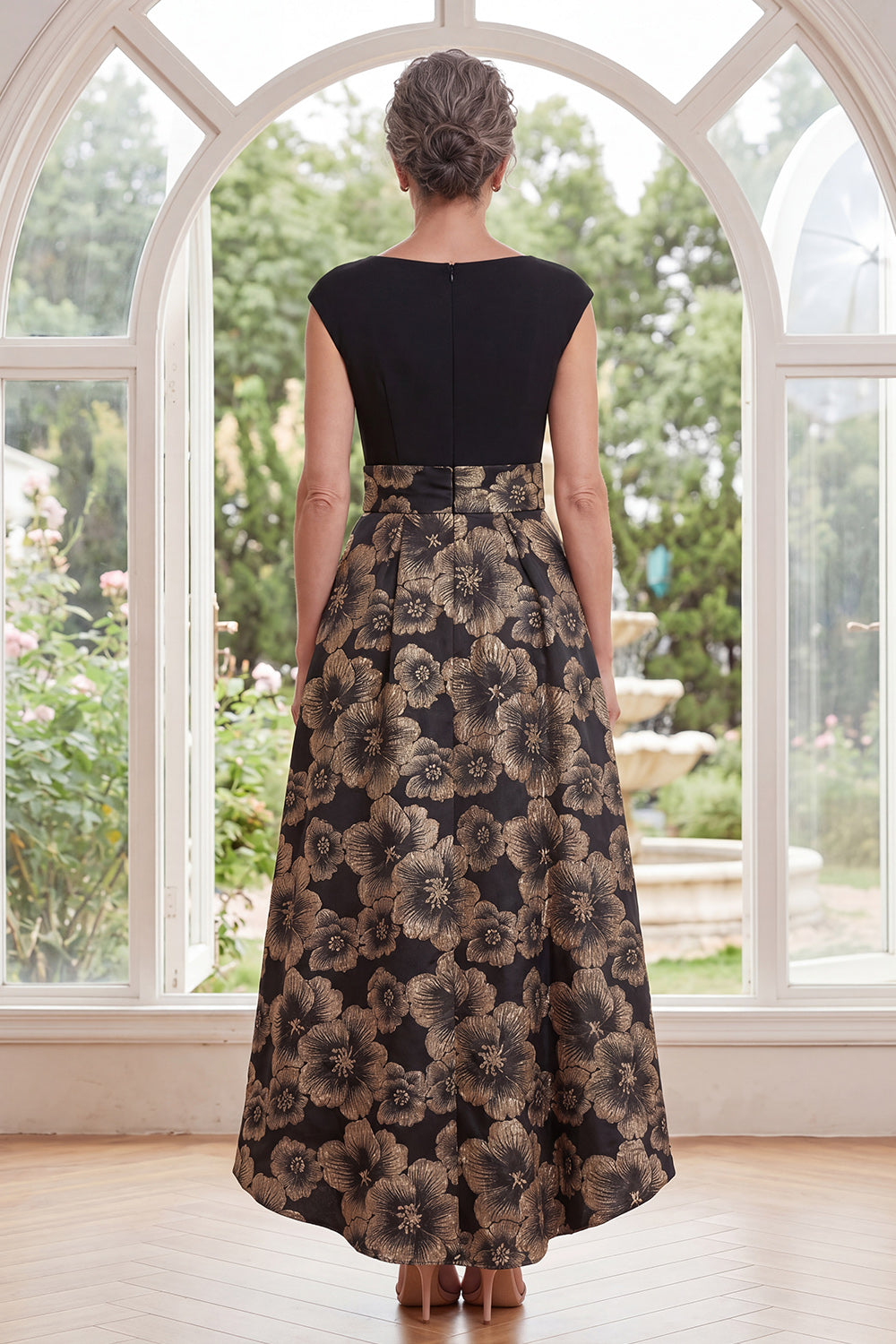 Boat Neck Floral Black A Line Long Mother of the Bride Dress with Pockets