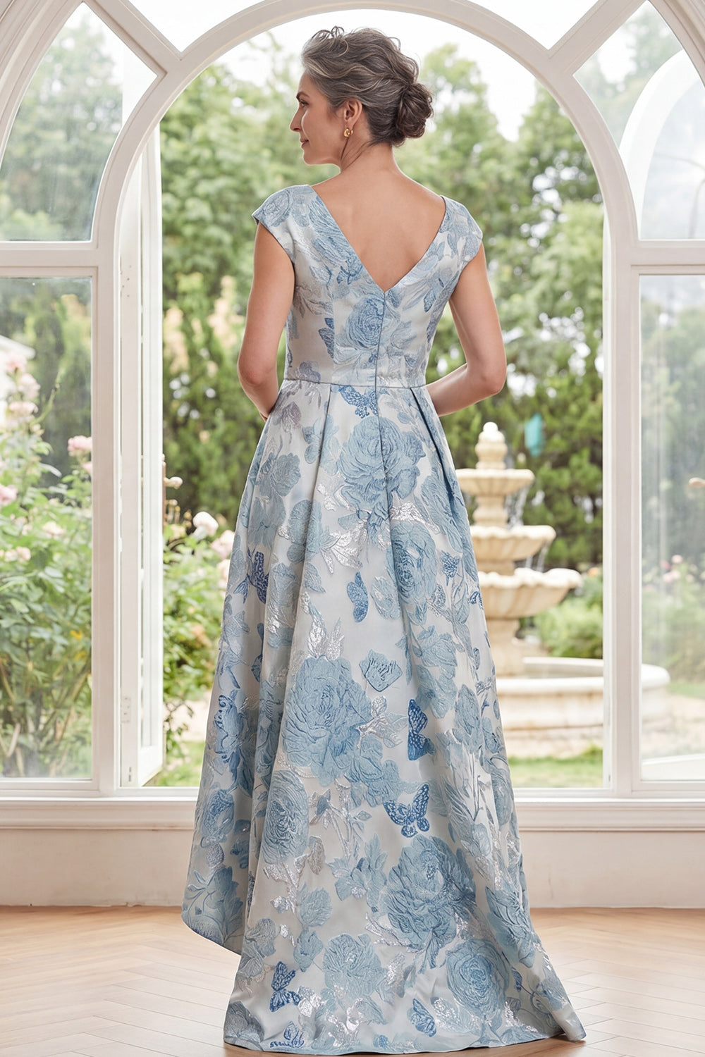 V-Neck A Line Blue Floral Long Mother of the Bride Dress