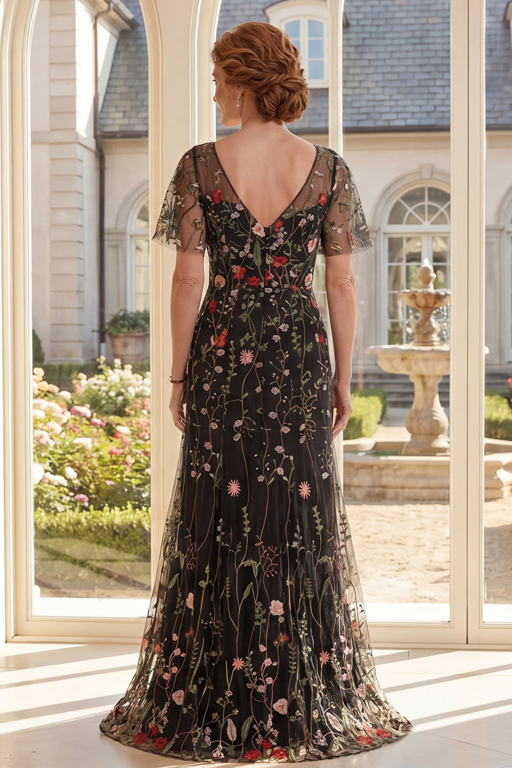 Floral Black V-Neck A Line Long Mother of the Bride Dress