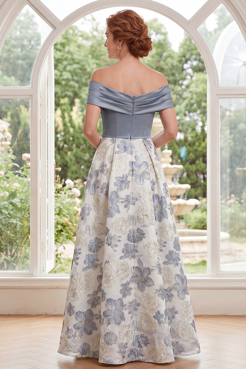 Dusty Blue Floral A Line Off the Shoulder Long Mother of the Bride Dress with Slit