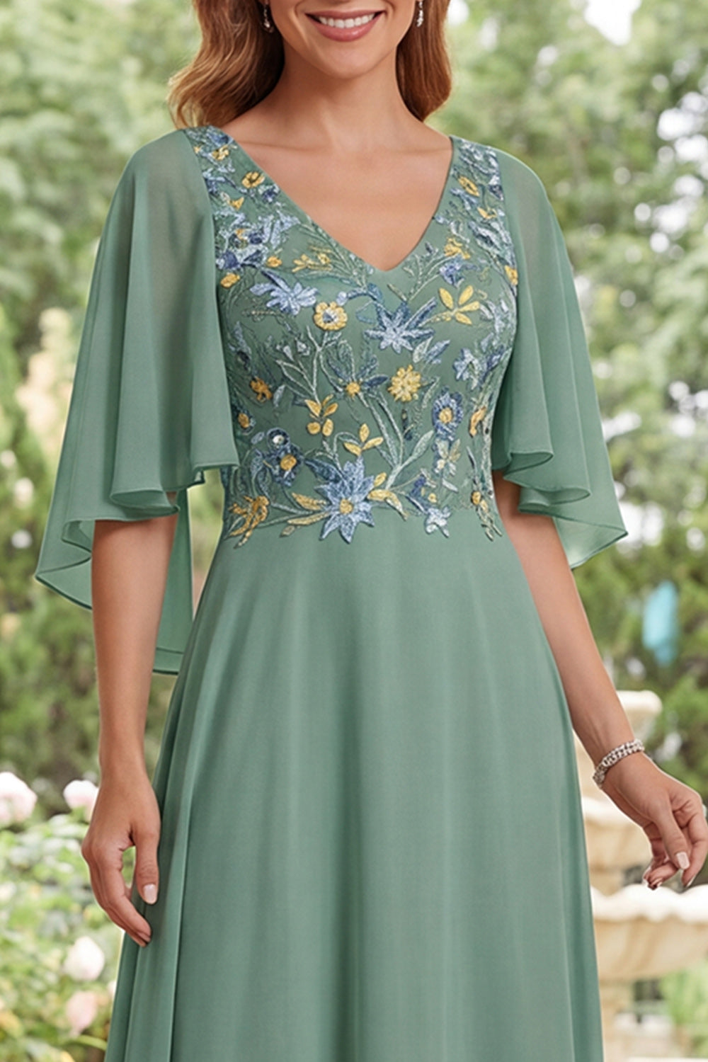 V-Neck Sage Green Floral A Line Long Mother of the Bride Dress