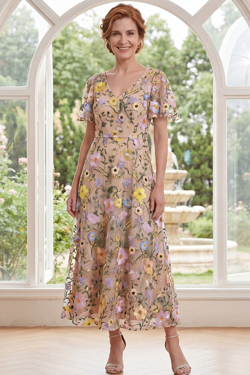 Champagne A Line V-Neck Floral Long Mother of the Bride Dress
