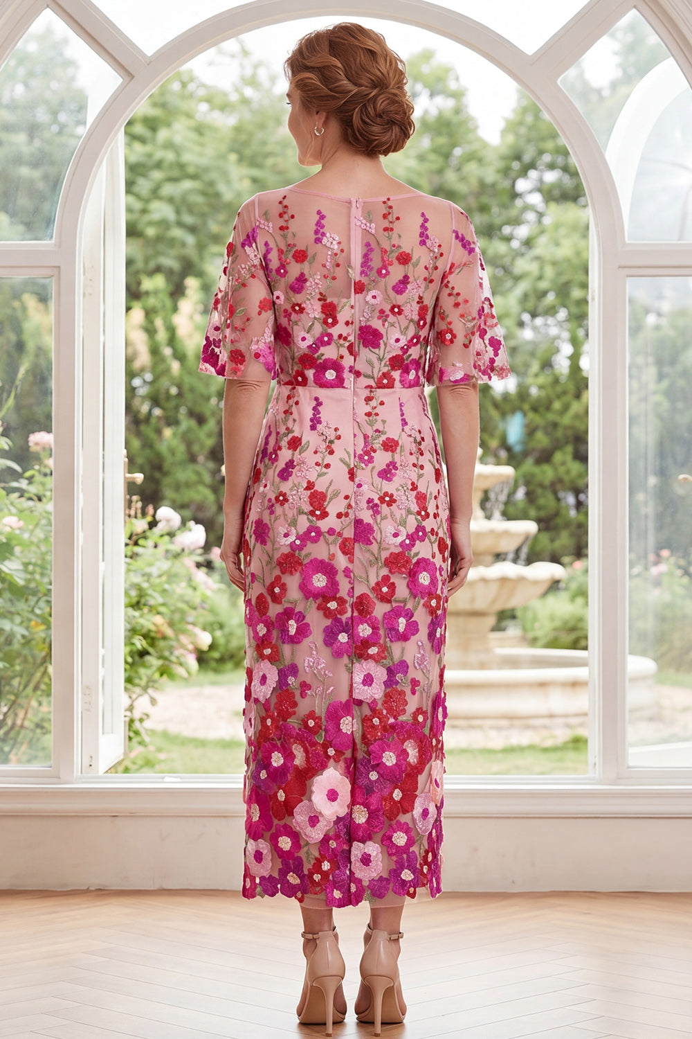 Fuchsia Floral Boat Neck Sheath Long Mother of the Bride Dress with Slit