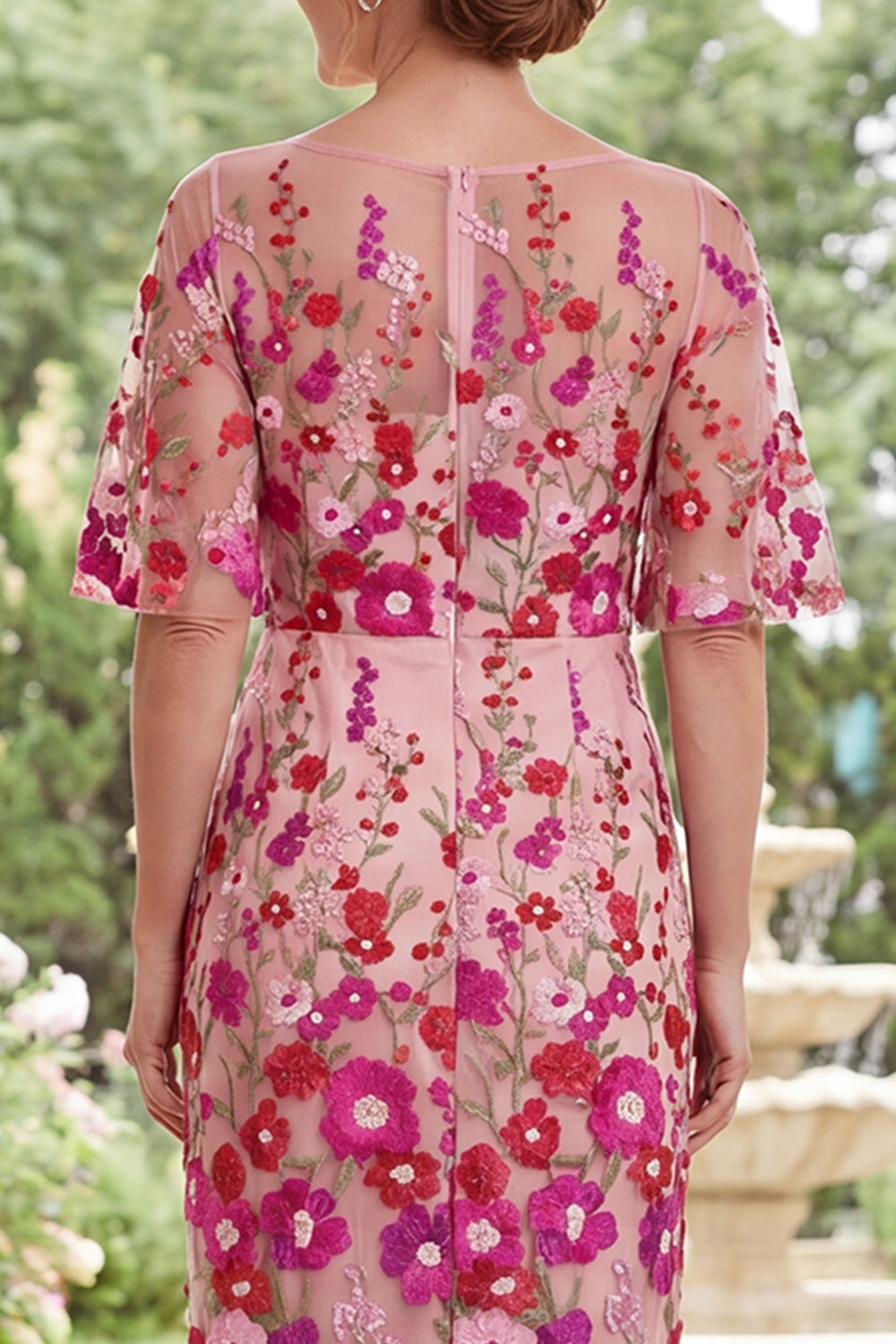 Fuchsia Floral Boat Neck Sheath Long Mother of the Bride Dress with Slit