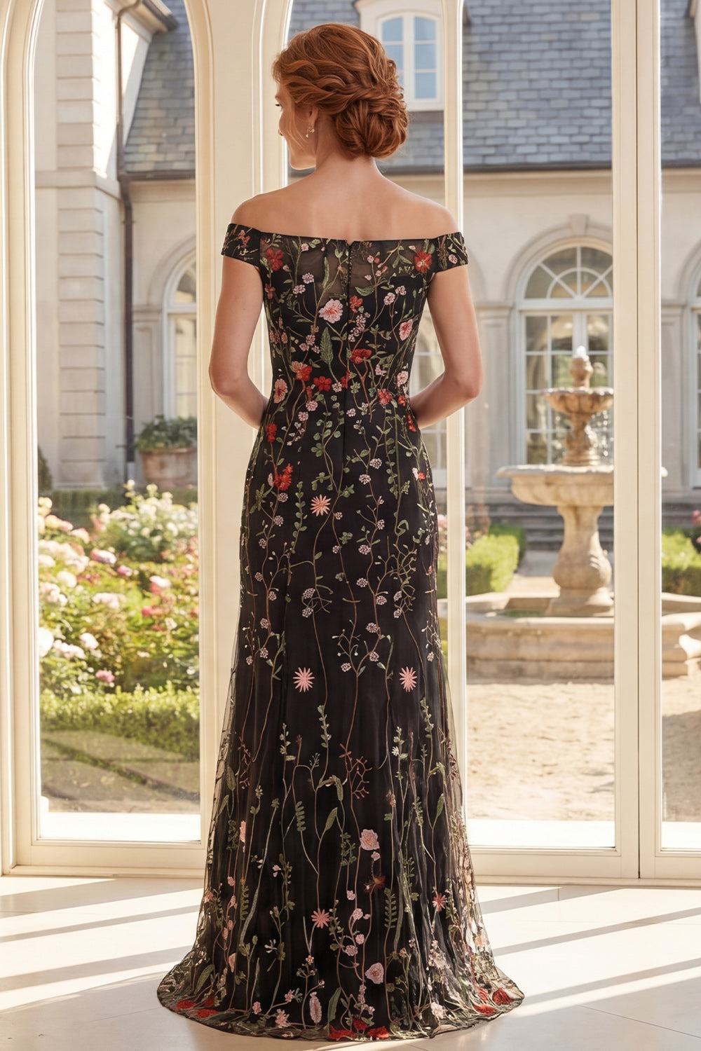 Black Floral Mermaid Off the Shoulder Long Mother of the Bride Dress
