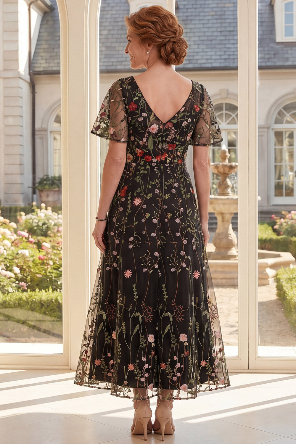 Short Sleeves Floral Black A Line Long Mother of the Bride Dress